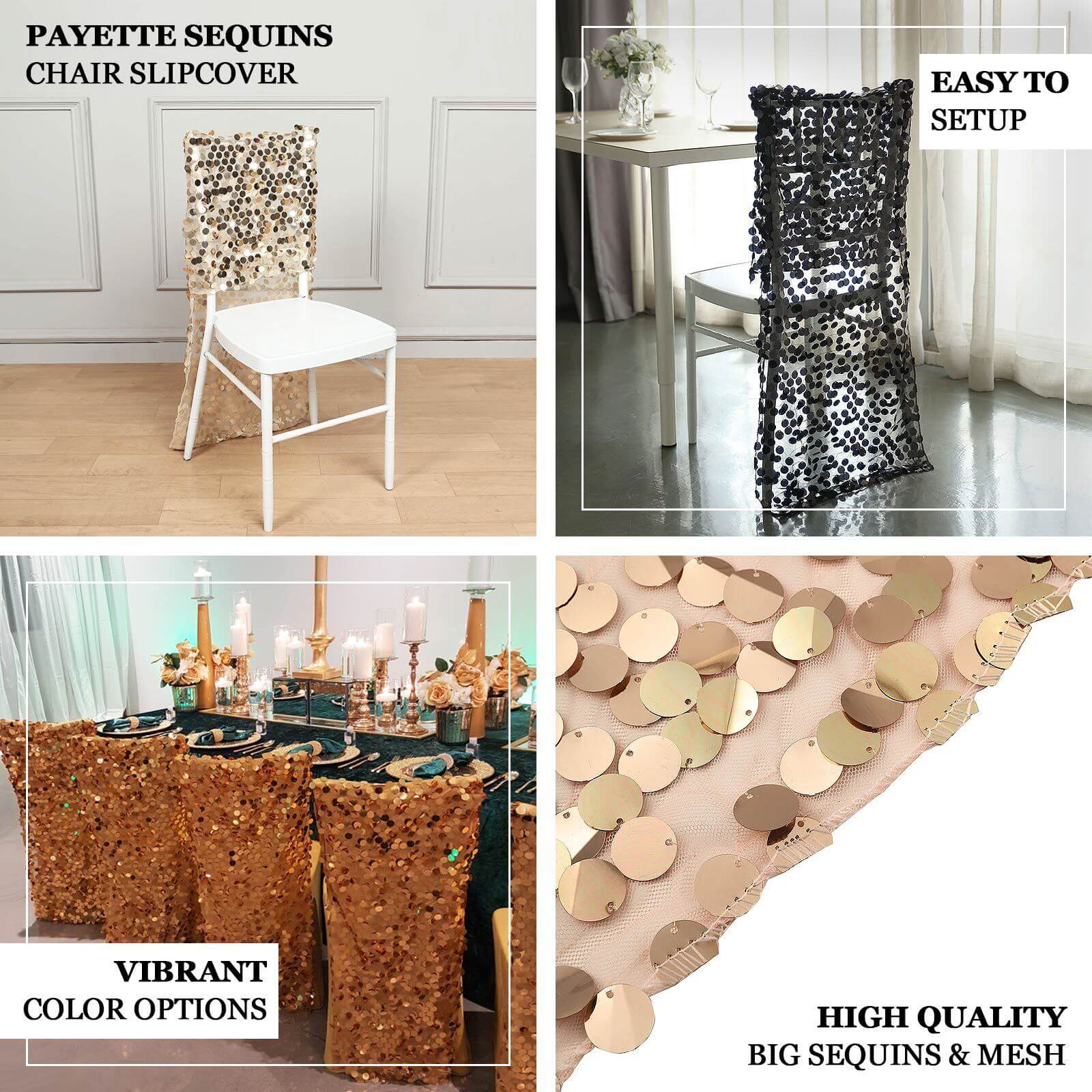 Sequin Chair Slipcover Big Payette Design for Chiavari Chairs Gold - Glittering Event Chair Back Cover