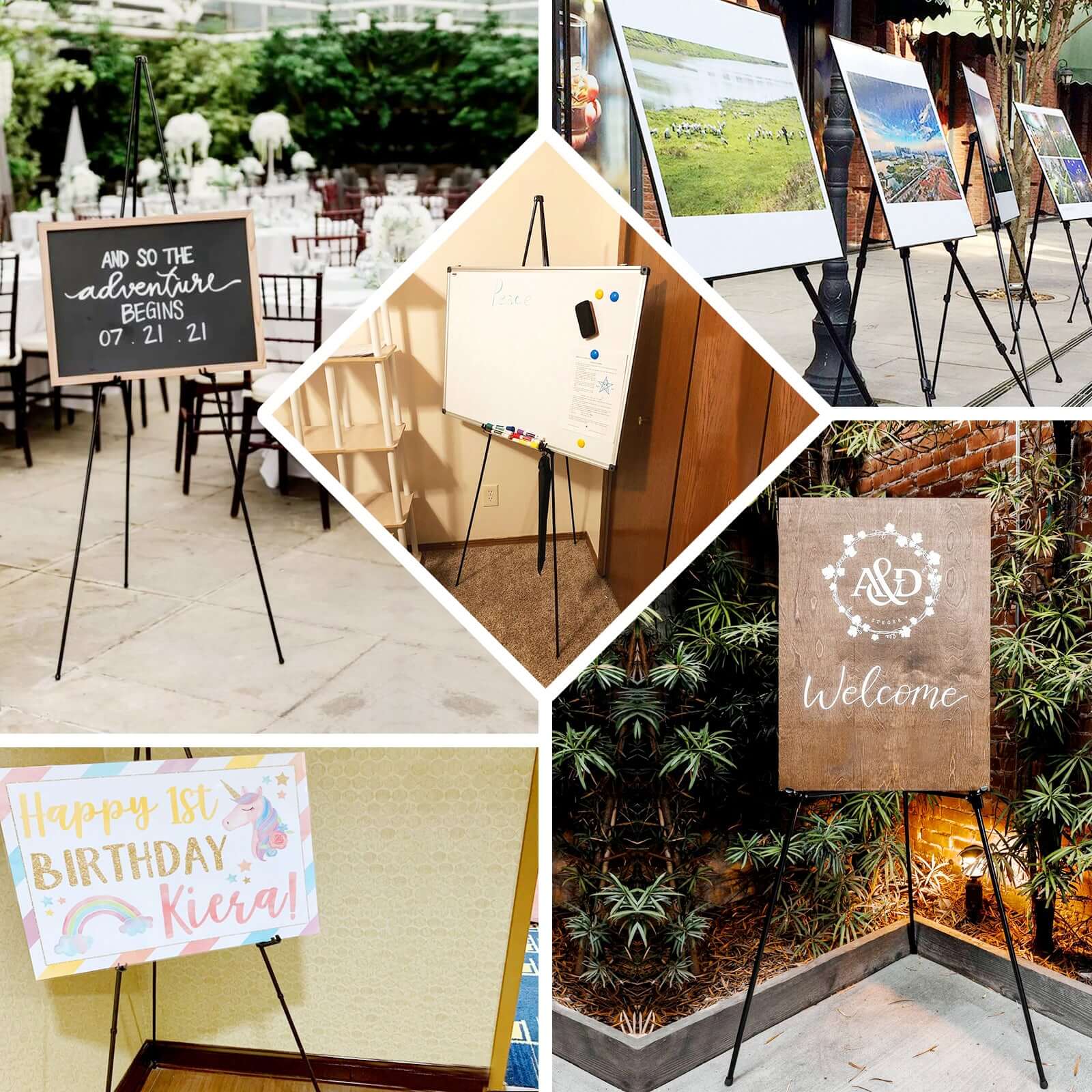 65" Black Metal Sign Holder Easel Stand, Collapsible Tripod Stand