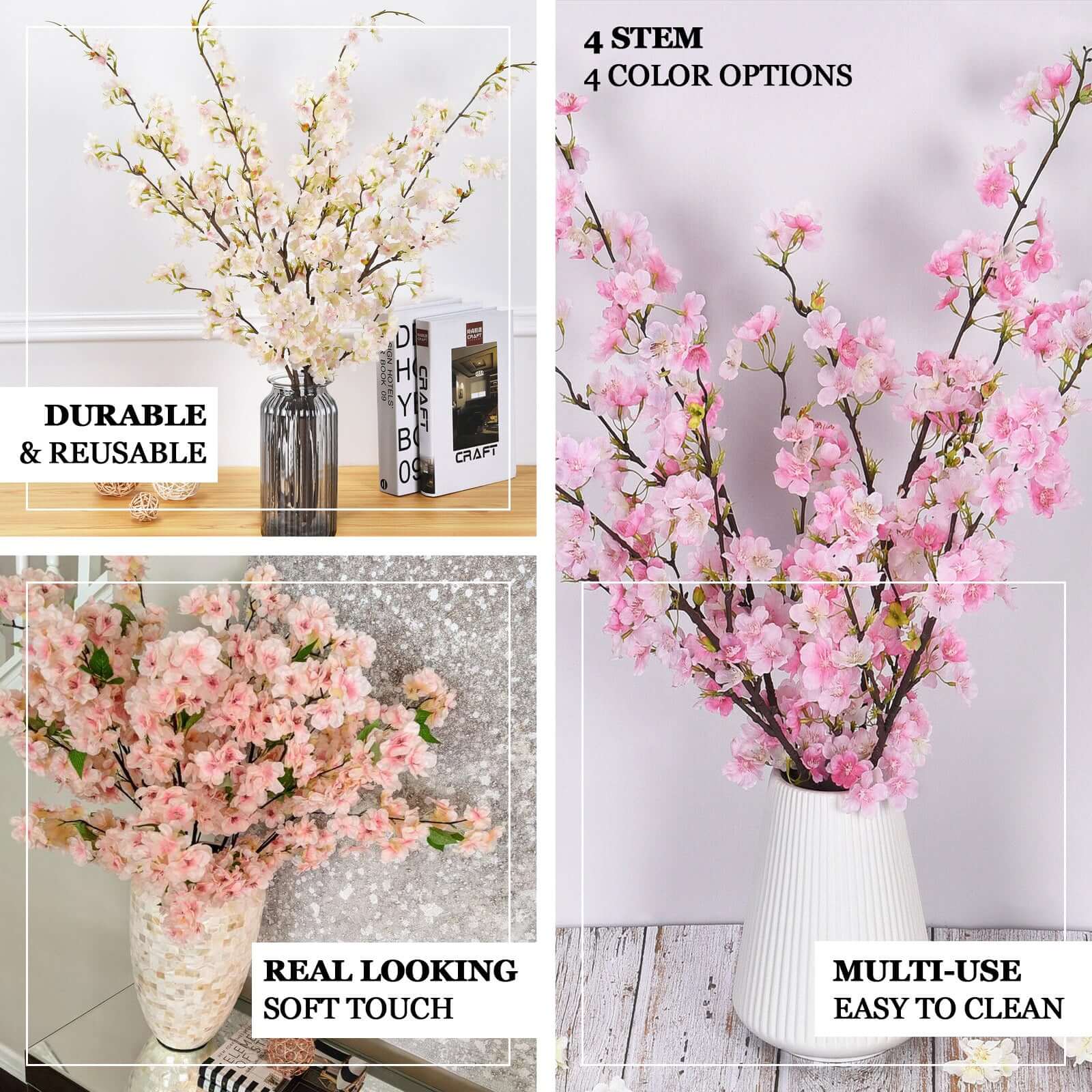 4 Bushes 40" Tall Cream Artificial Silk Cherry Blossom Flowers, Branches