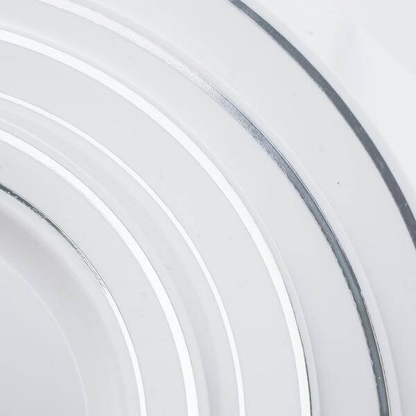 10-Pack Plastic Dessert Plates White with Très Chic Silver Rim - Disposable Plates for Appetizers 6"