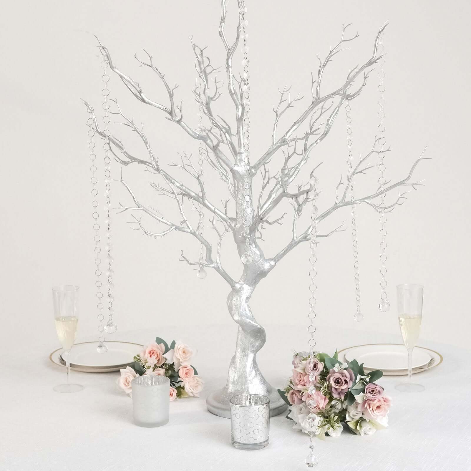 Manzanita Tree Centerpiece Metallic SIlver with 8 Acrylic Bead Chains for Weddings Parties & Event Displays 34"