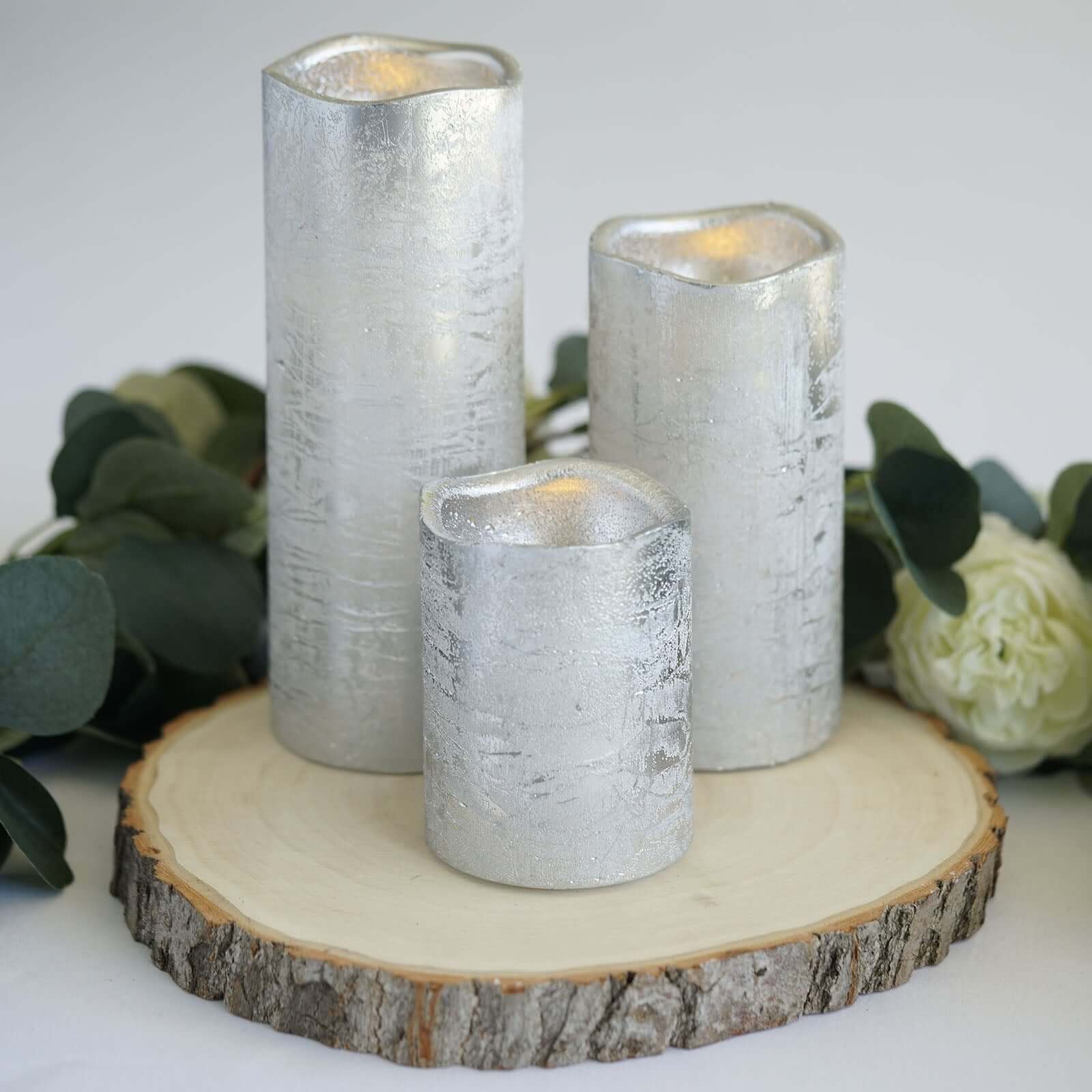 Set of 3 LED Flameless Pillar Candles Remote Operated Metallic Silver - Battery Powered 4", 6", 8"