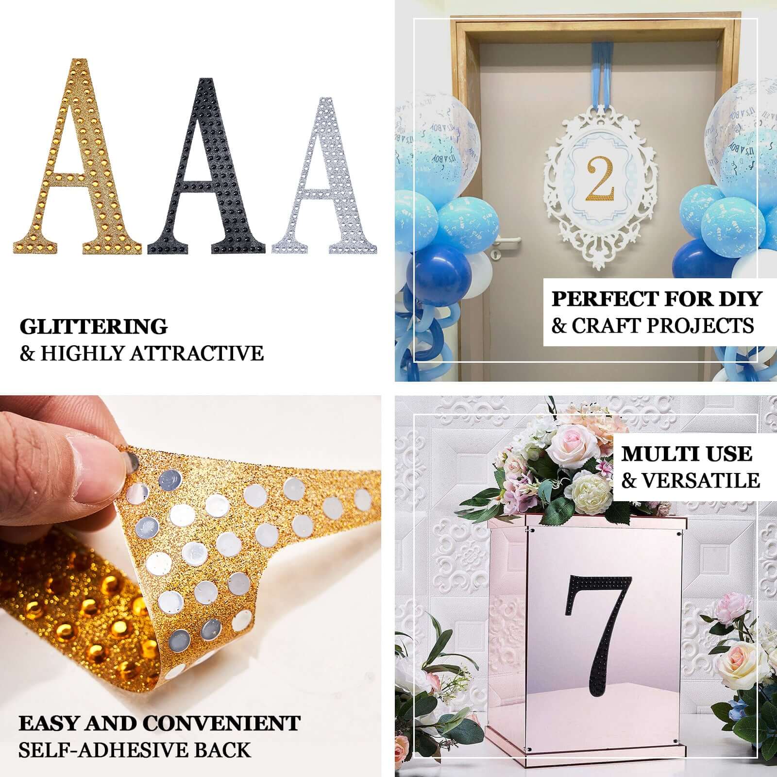 Decorative Rhinestone Alphabet "U" Letter Stickers, Glitter Adhesive Craft Letters Silver DIY Sparkle Embellishments 6"