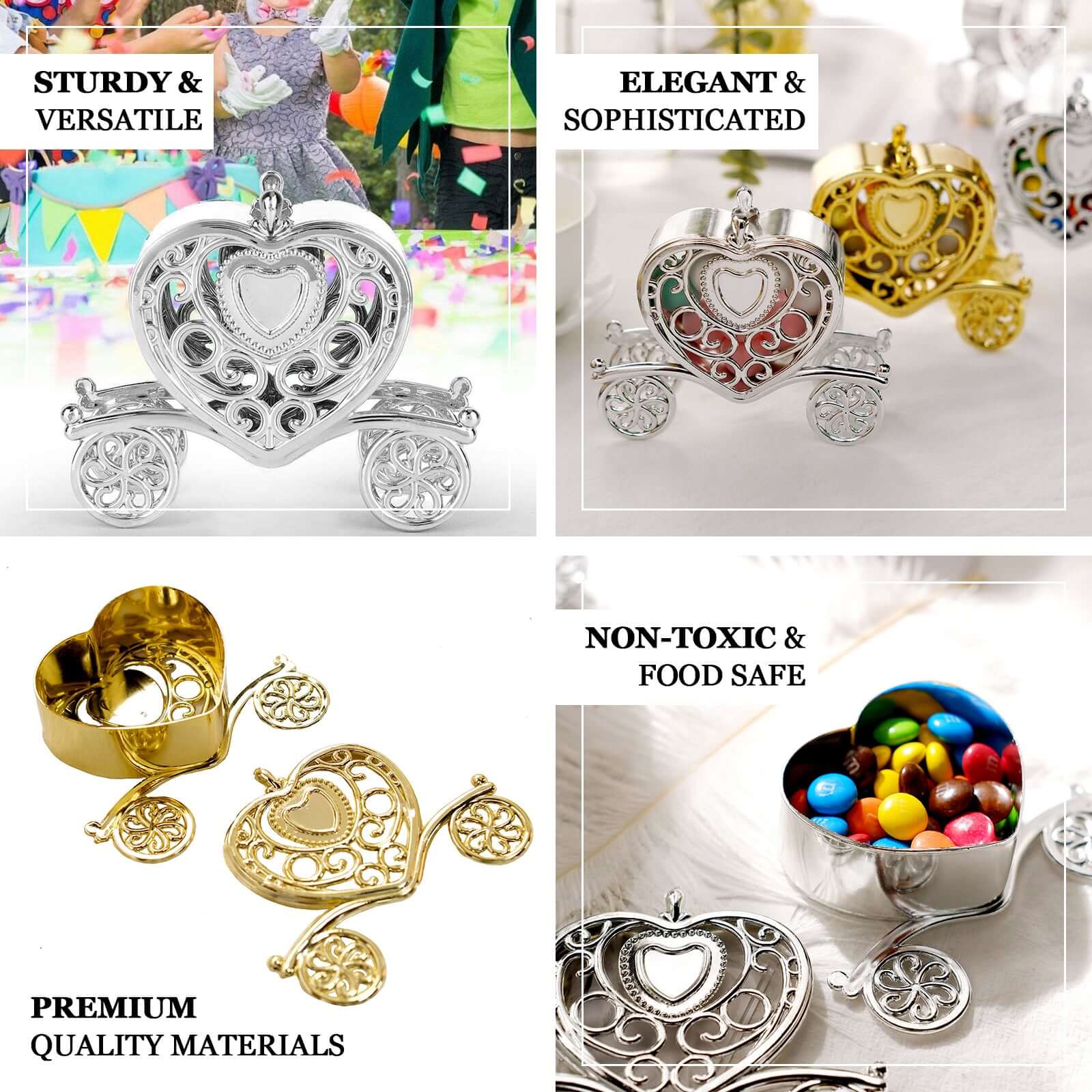 12-Pack Heart Carriage Candy Container Gift Boxes Silver Princess - Stylish Favor Boxes for Special Occasions 4"