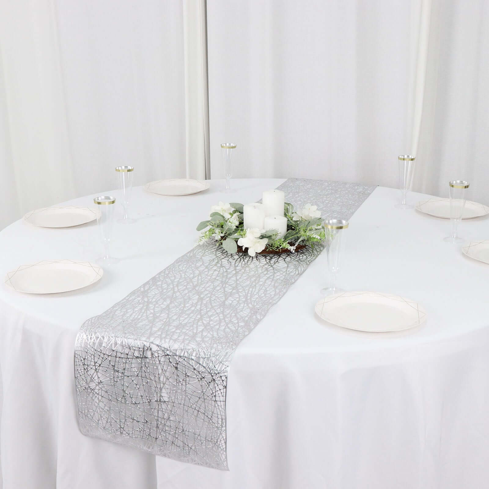 Plastic Woven Vinyl 13"x6ft Table Runner Metallic Silver - Non-Slip & Reversible Tabletop Decor