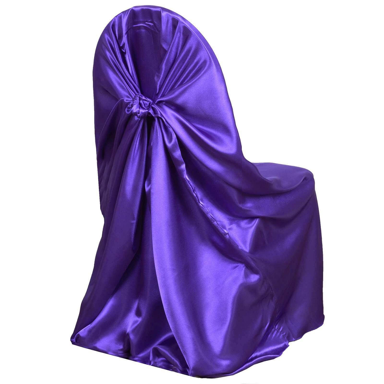 Satin Chair Cover Self-Tie Universal Design Purple - Durable Slip-On Cover for Folding, Dining, Banquet & Standard Chairs