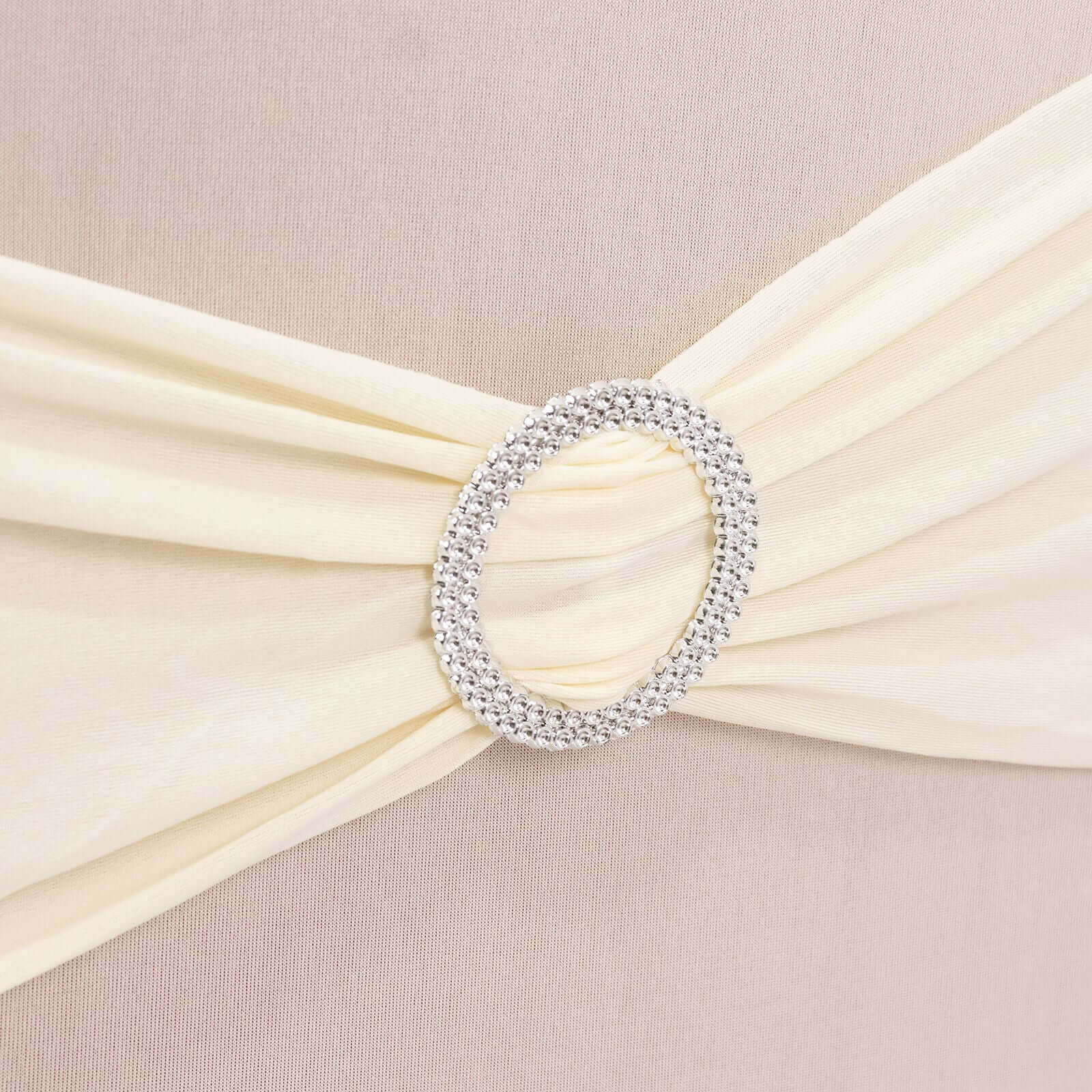 Spandex Chair Cover with Silver Rhinestone Buckled Sash Band Ivory - Stretch Fitted Slipcover