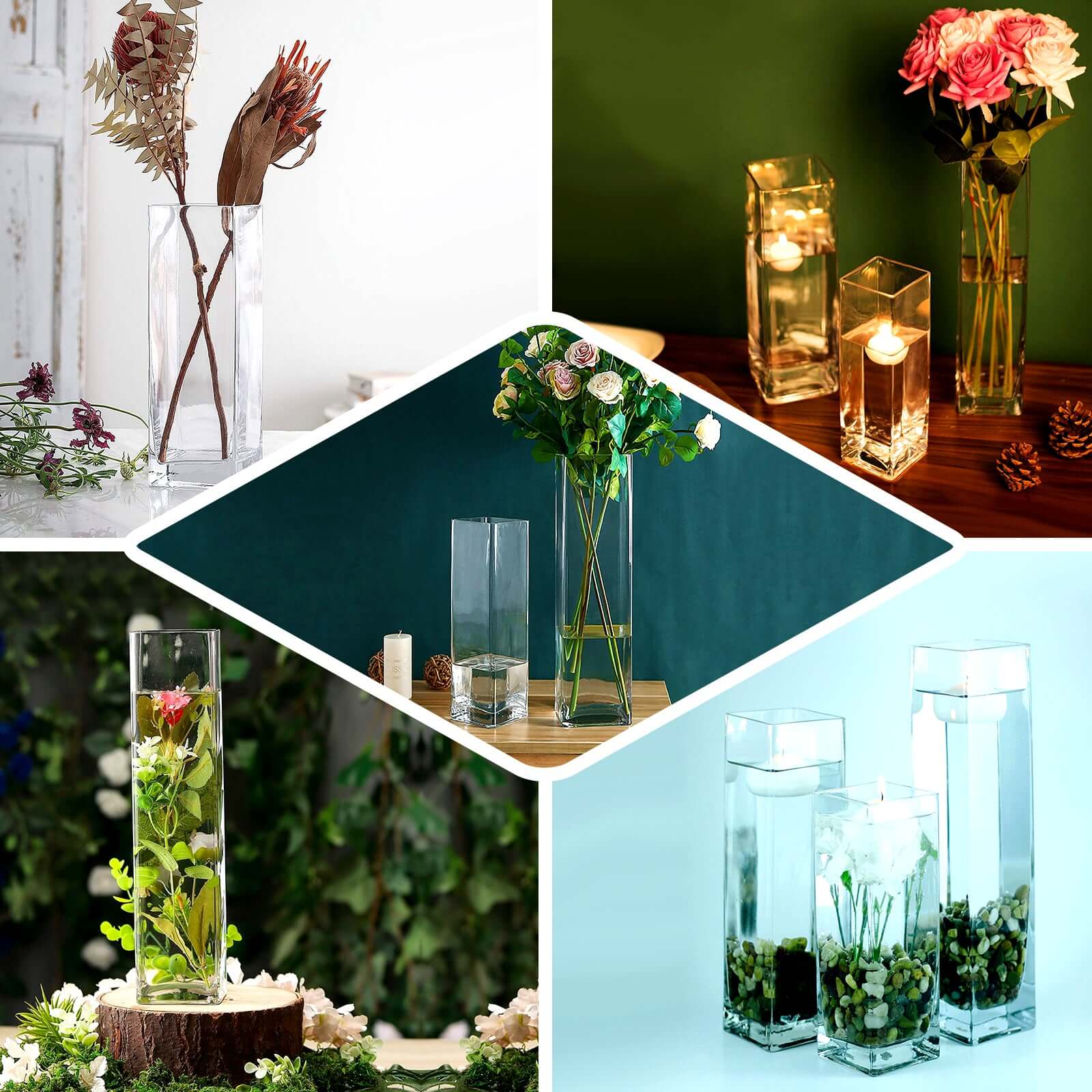 12-Pack Glass Cylinder Vases Square Clear - Durable Heavy Duty Floral Centerpieces for Weddings 10"