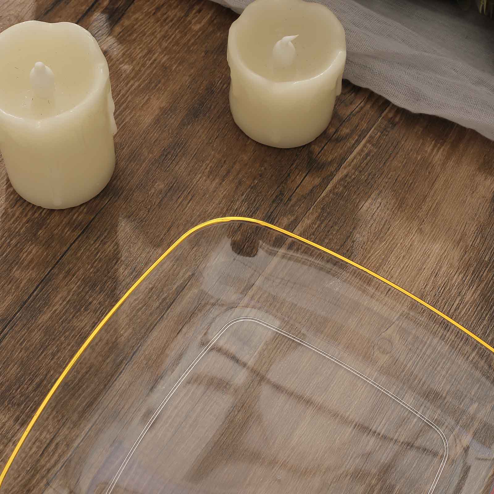 10-Pack Plastic 7" Square Dessert Plates in Clear with Gold Rim - Classy Disposable Appetizer Salad Plates