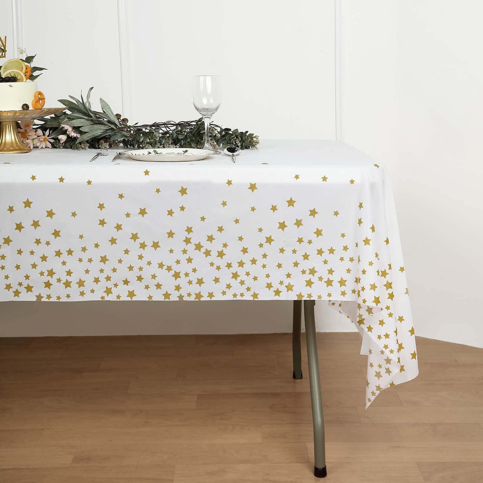 5-Pack Plastic Table Covers White Rectangle with Gold Stars - Decorative PVC Disposable Tablecloths 54"x108"
