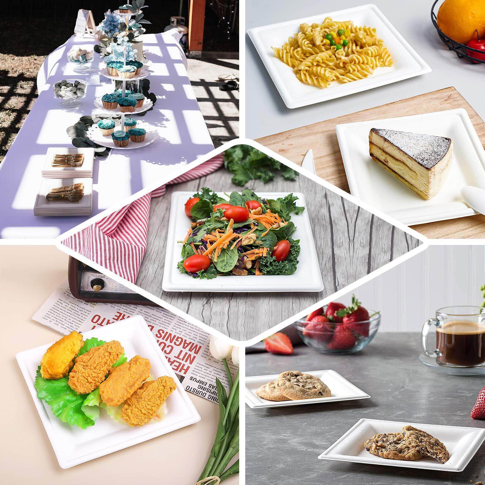 50-Pack Bagasse 10" Square Dinner Plates in White with Wide Rim - Eco Friendly Biodegradable Sugarcane Party Plates for Events