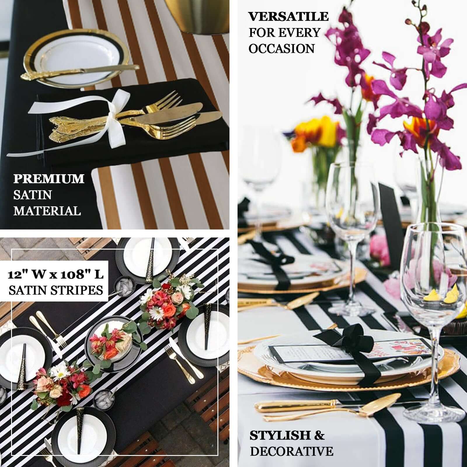 Satin 12"x108" Table Runner Black/White Asymmetric Stripe - Modern Chic Table Decor