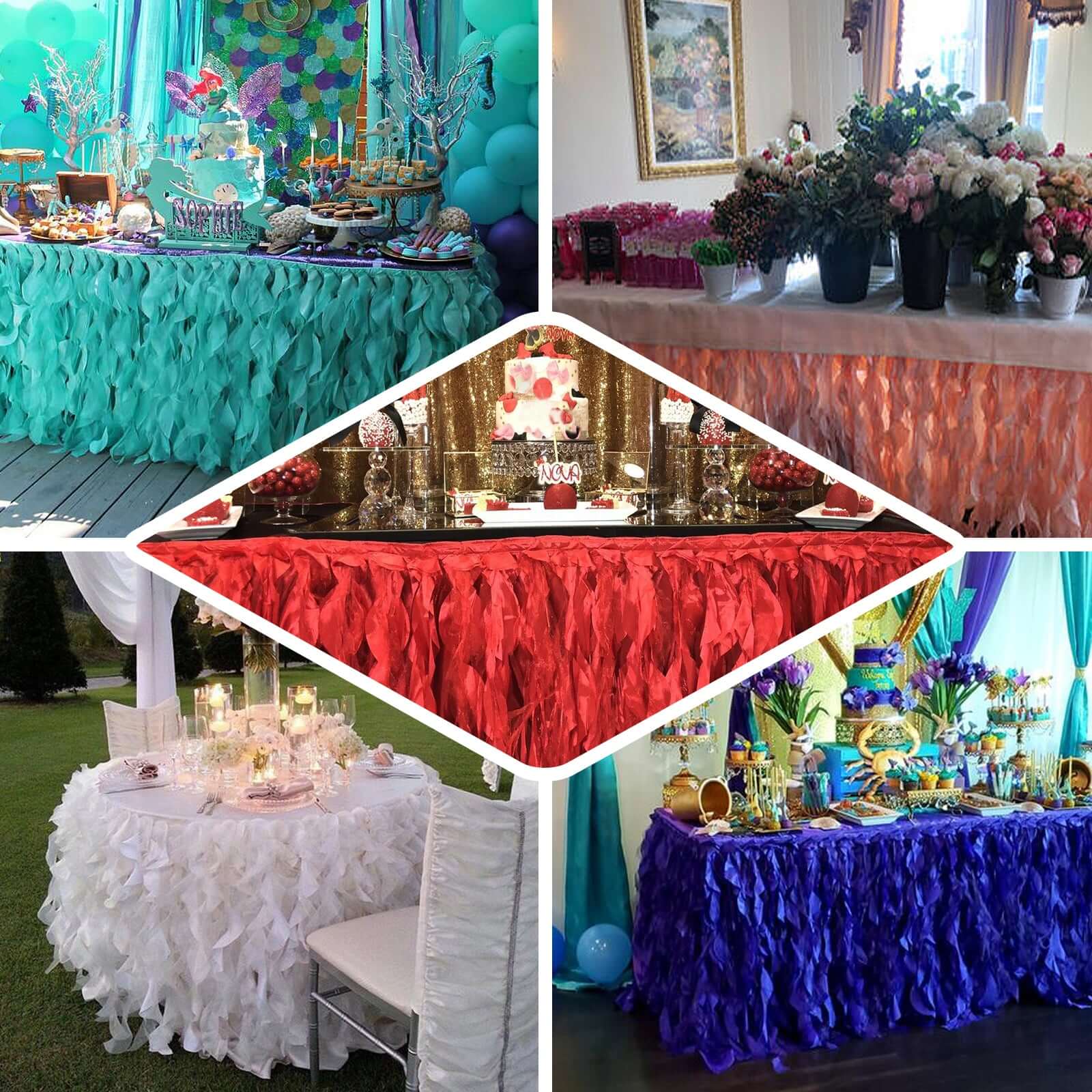 Taffeta 14ft Table Skirt Champagne - Cascading Curly Willow Style Table Cover