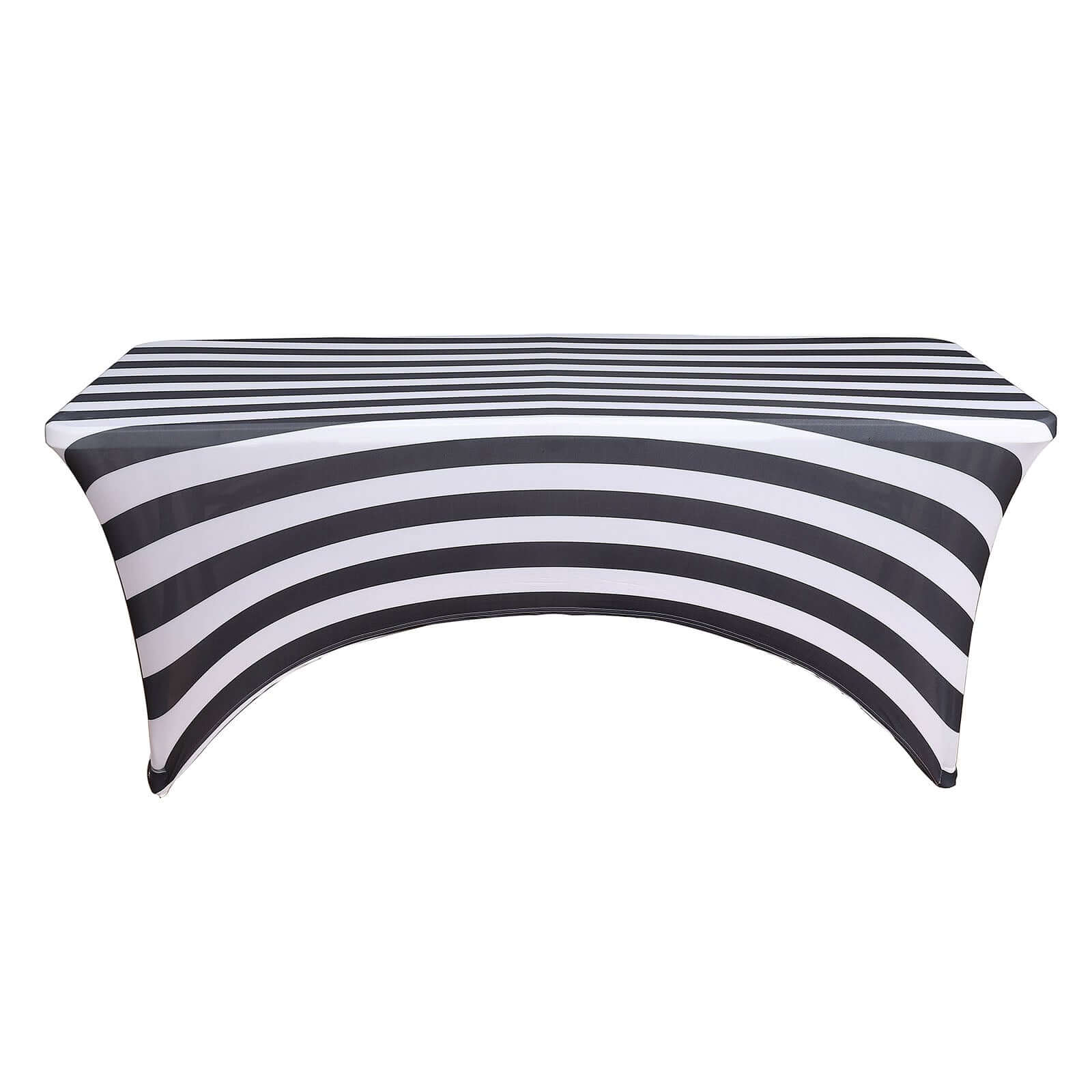 Stretch Spandex 8ft Rectangle Tablecloth Black/White Vertical Stripes - Durable Form-Fitting Tablecloth for Events & Presentations