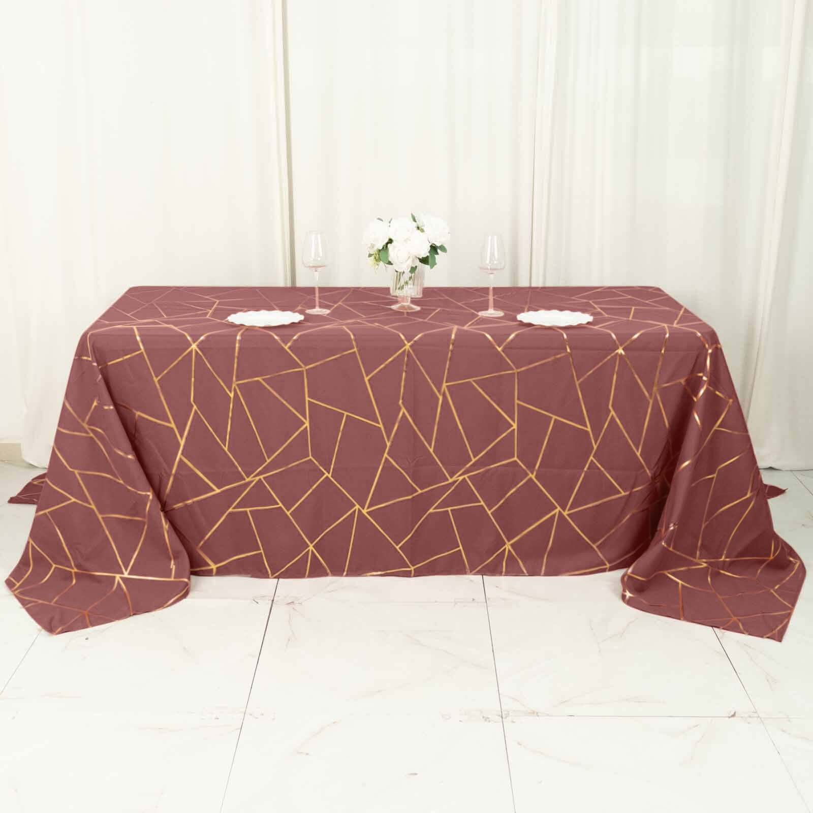 Polyester 60"x132" Rectangle Tablecloth Cinnamon Rose with Gold Foil Geometric Pattern - Wrinkle-Resistant and Durable Table Cover for Weddings & Events
