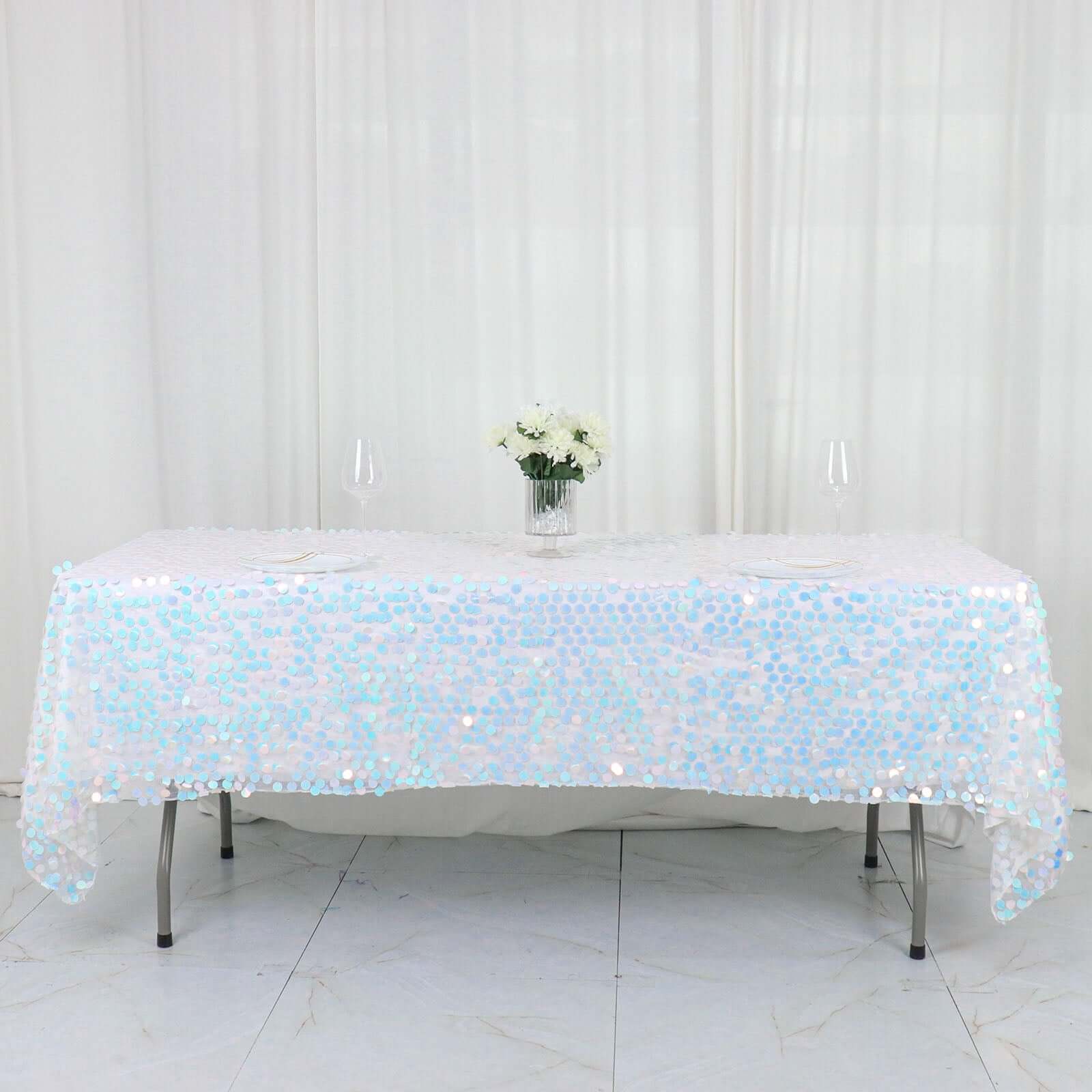 Sequin 60"x102" Rectangle Tablecloth Iridescent Blue - Big Payette Design for Modern Gatherings
