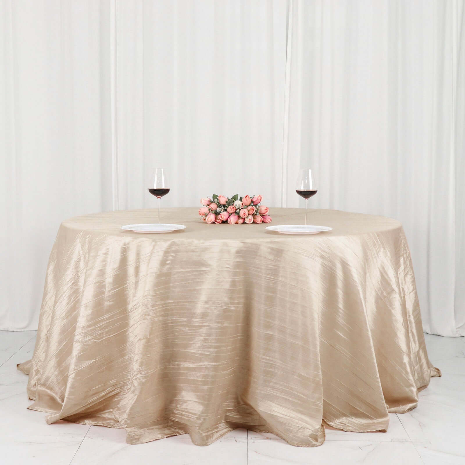 Taffeta 132" Round Tablecloth Beige - Seamless Accordion Crinkle Table Cover