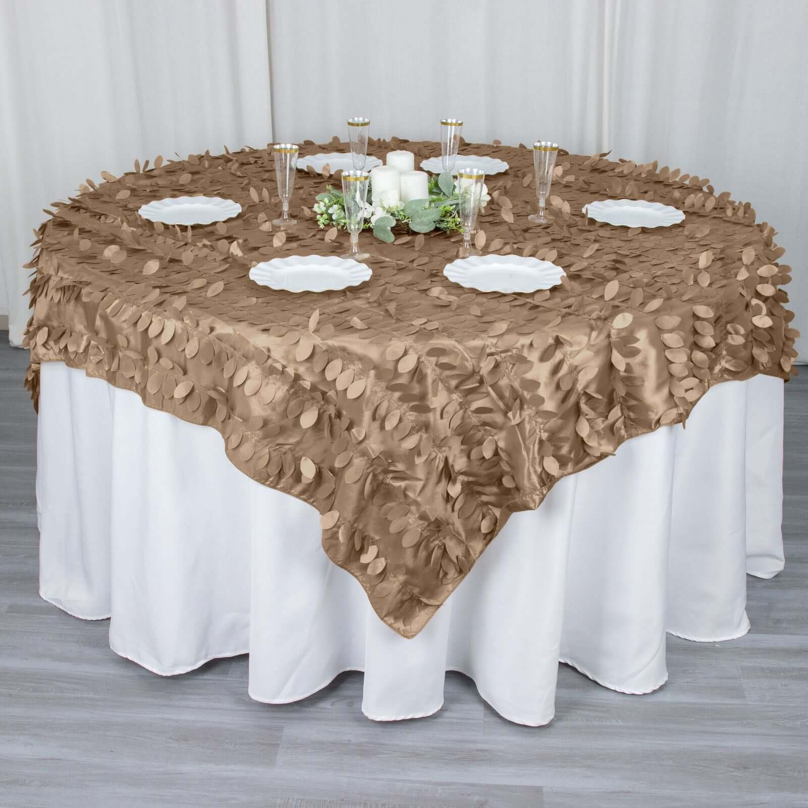 Taffeta 72"x72" Table Overlay Square Tablecloth Taupe - 3D Leaf Petal Table Cover