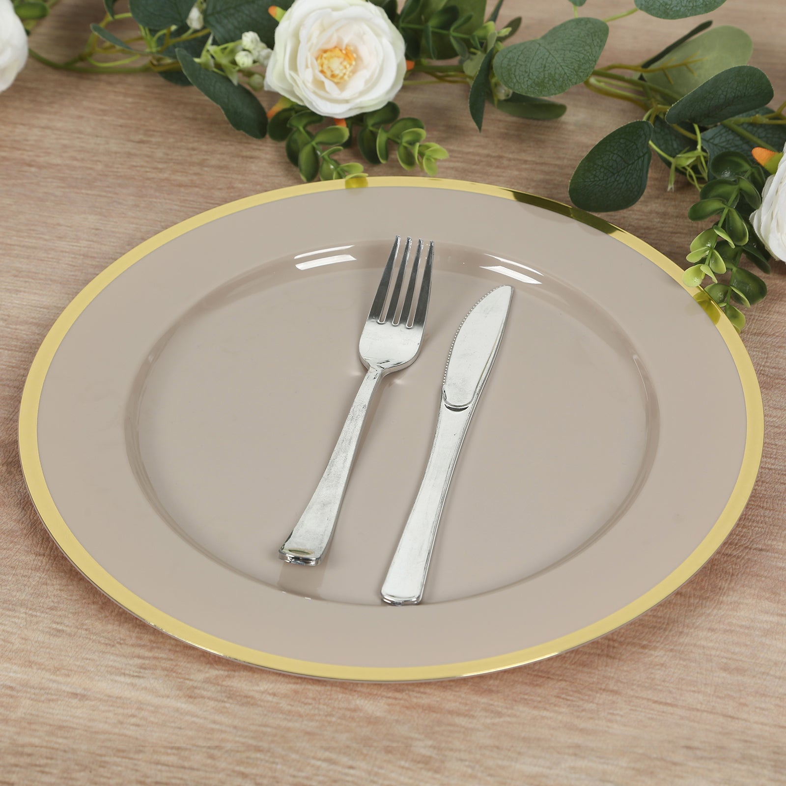 10 Pack Taupe Economy Plastic Charger Plates With Gold Rim, 12" Round Dinner Chargers Event Tabletop Decor