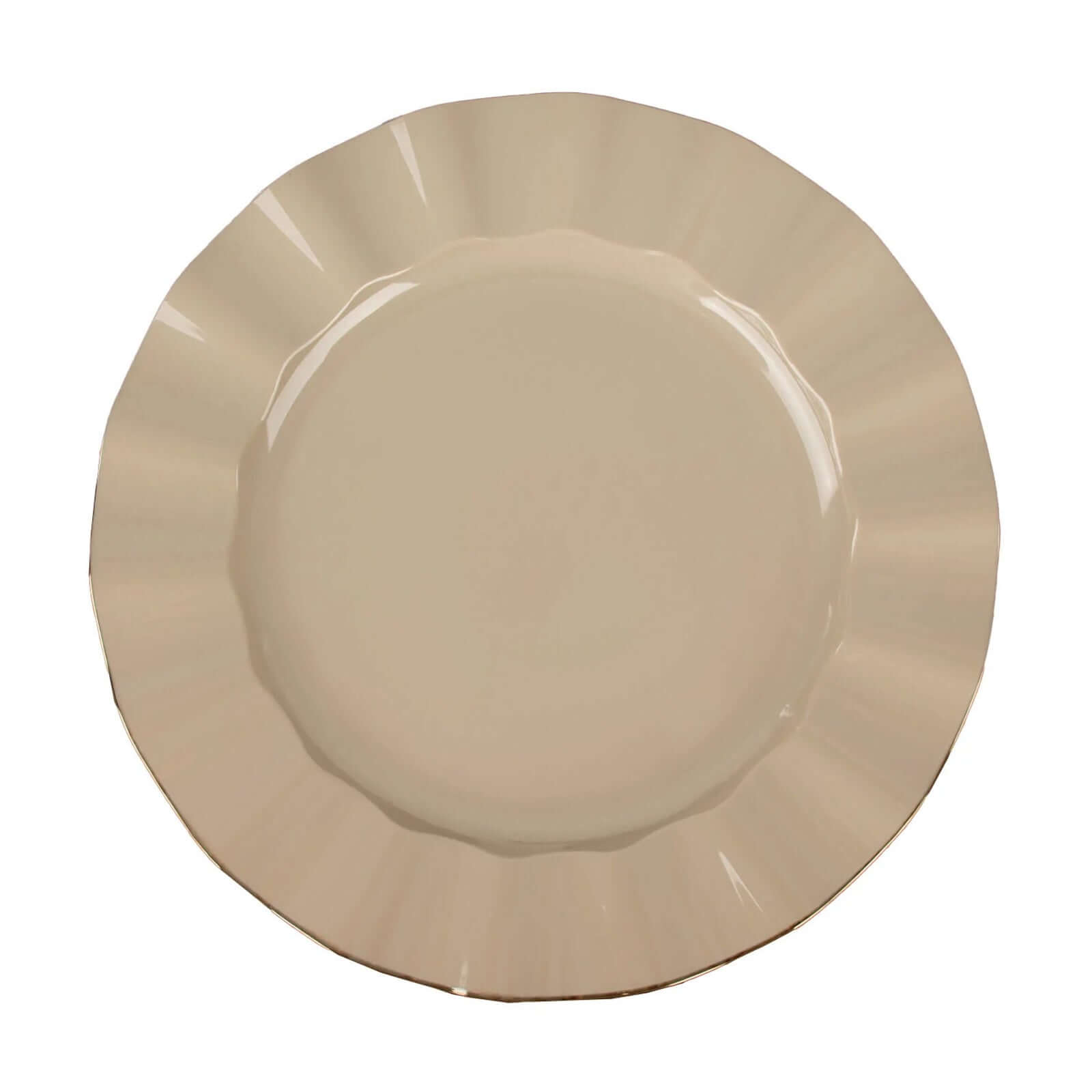 10-Pack Plastic 9" Round Dinner Plates in Taupe Ruffled Rim with Gold Edging - Sturdy Disposable Dinnerware