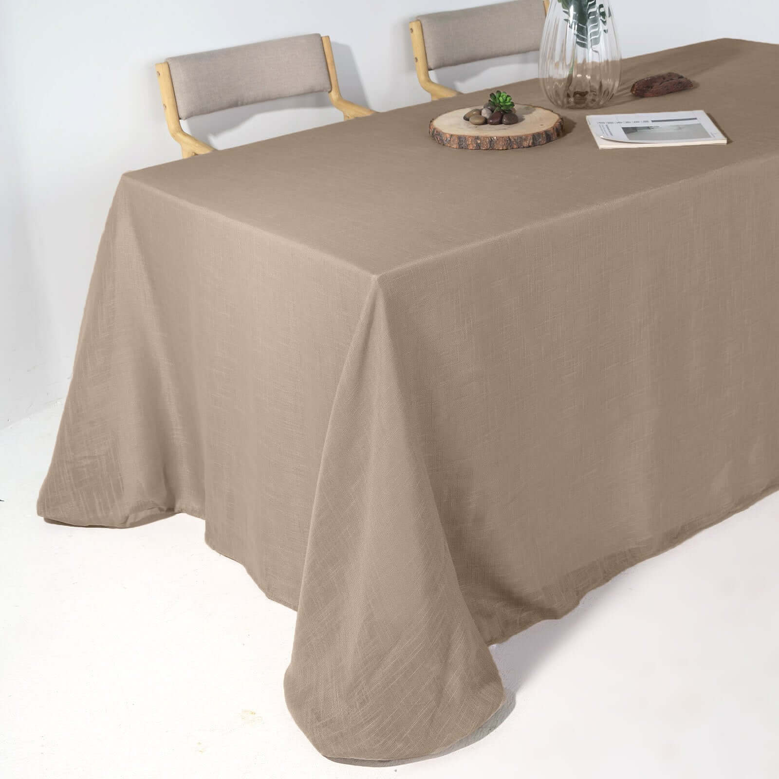 Faux Linen 90"x132" Rectangular Tablecloth Taupe - Slubby Texture Wrinkle-Resistant Seamless Table Cover