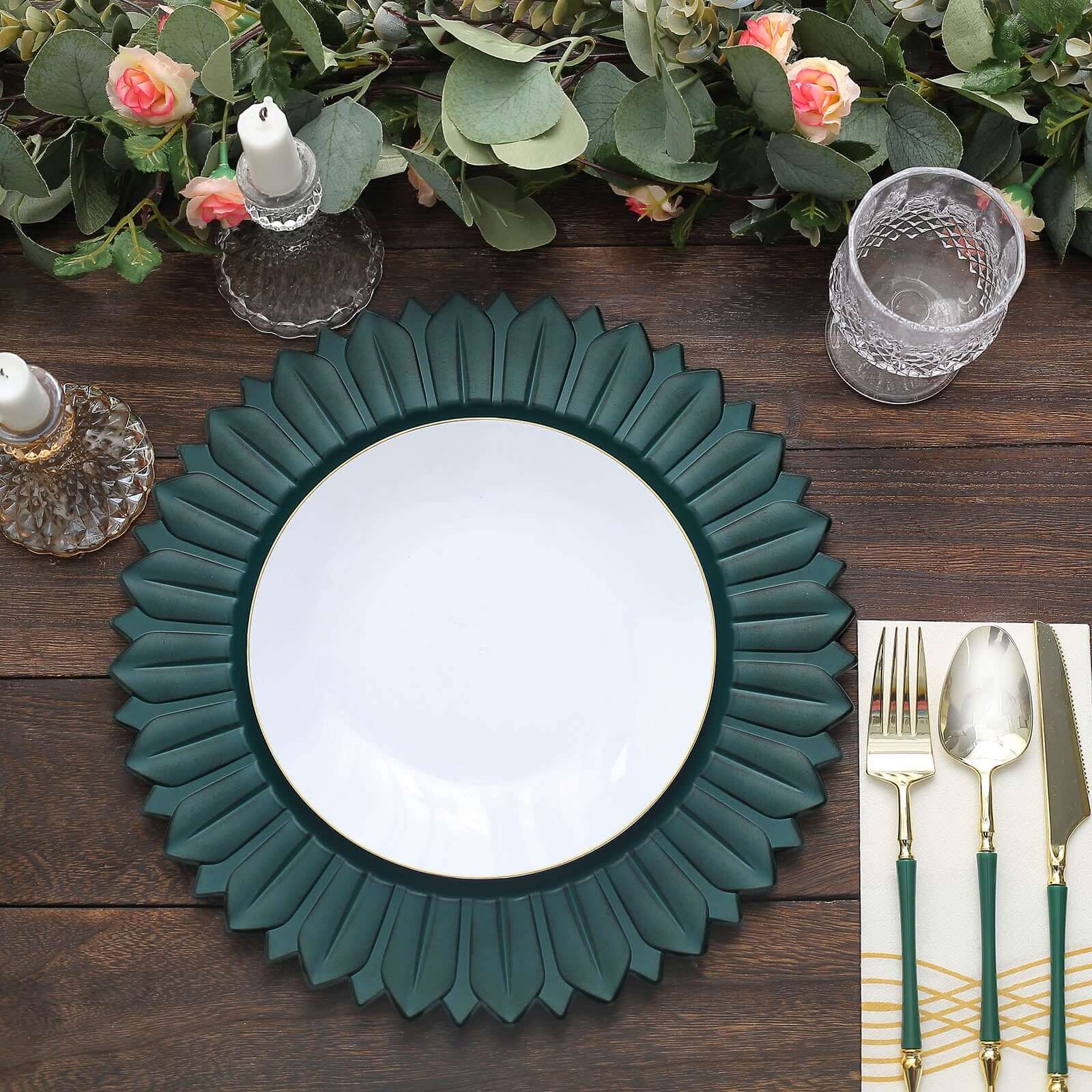6-Pack Plastic Round Charger Plates 13" in Teal with Sunflower Rim, Matte Finish Disposable Dinner Charger Tableware