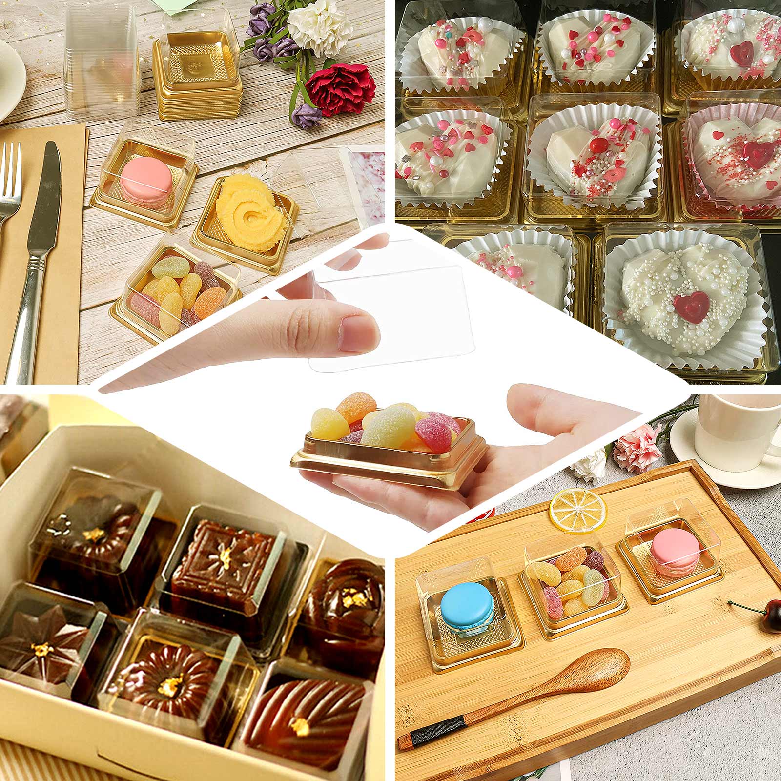 50-Pack Favor Containers Square Design Gold and Clear - Plastic Party Boxes for Cupcakes and Desserts 3"