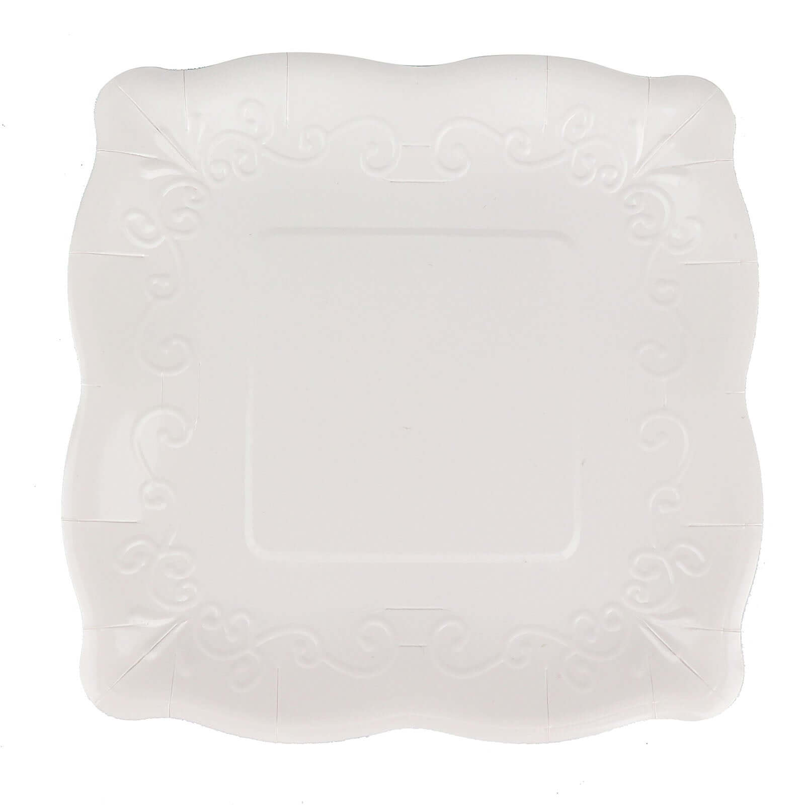 25-Pack Paper 11" Square Dinner Plates in White with Vintage Pottery Embossed Design - Shiny Disposable Serving Plates