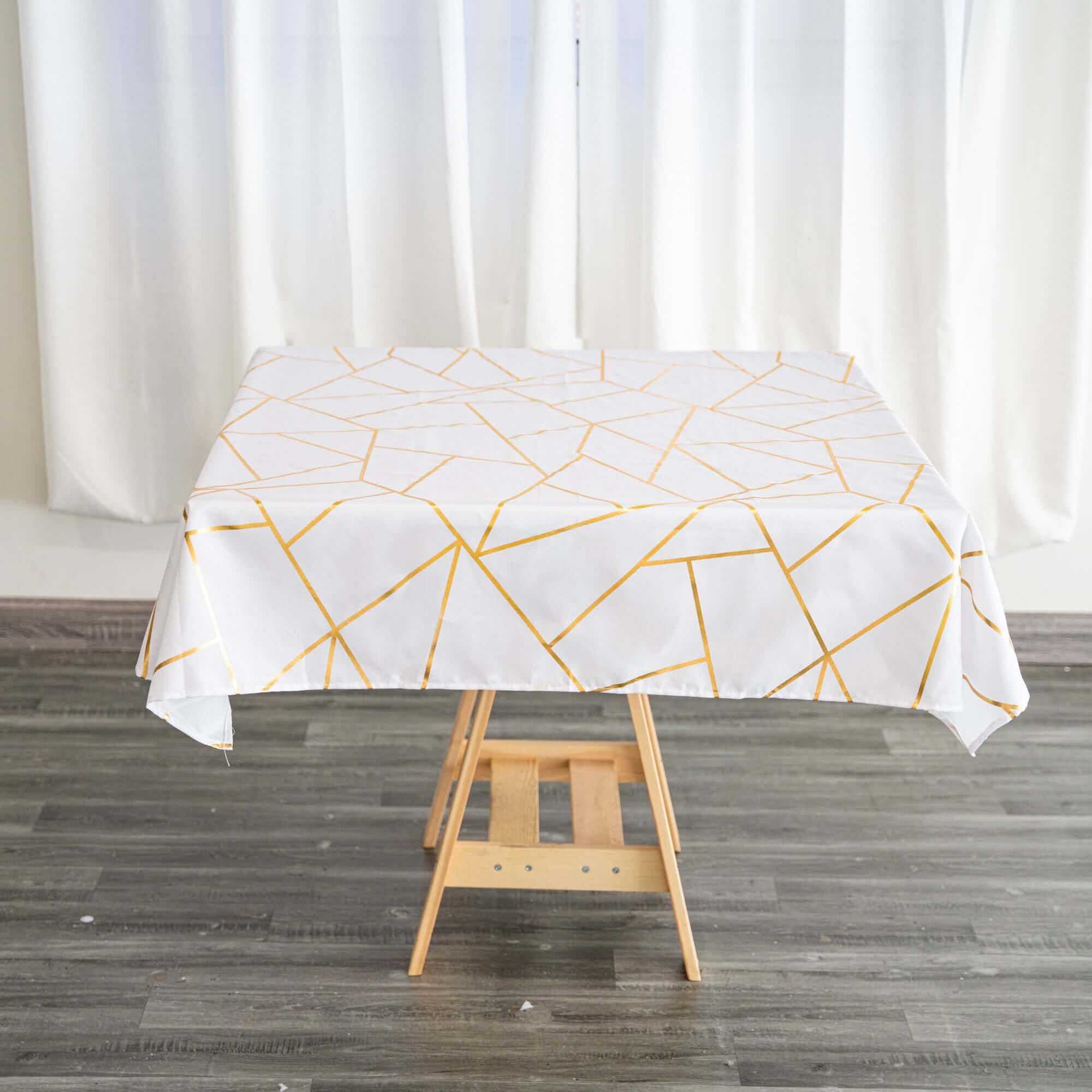 Polyester 54"x54" Table Overlay Square Tablecloth White with Gold Foil Geometric Pattern - Wrinkle-Resistant & Durable for Stylish Settings