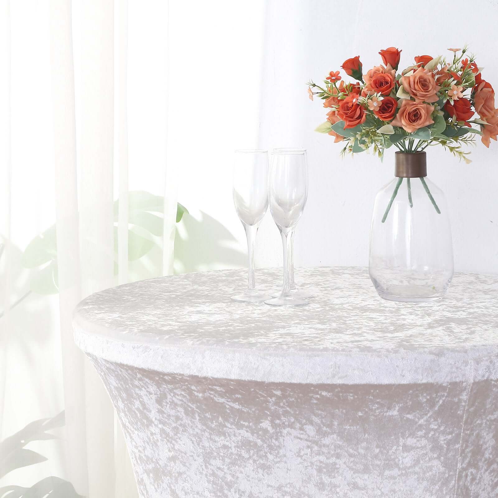 Crushed Velvet Spandex 30" Round Cocktail Table Cover White Smooth Highboy Tablecloth