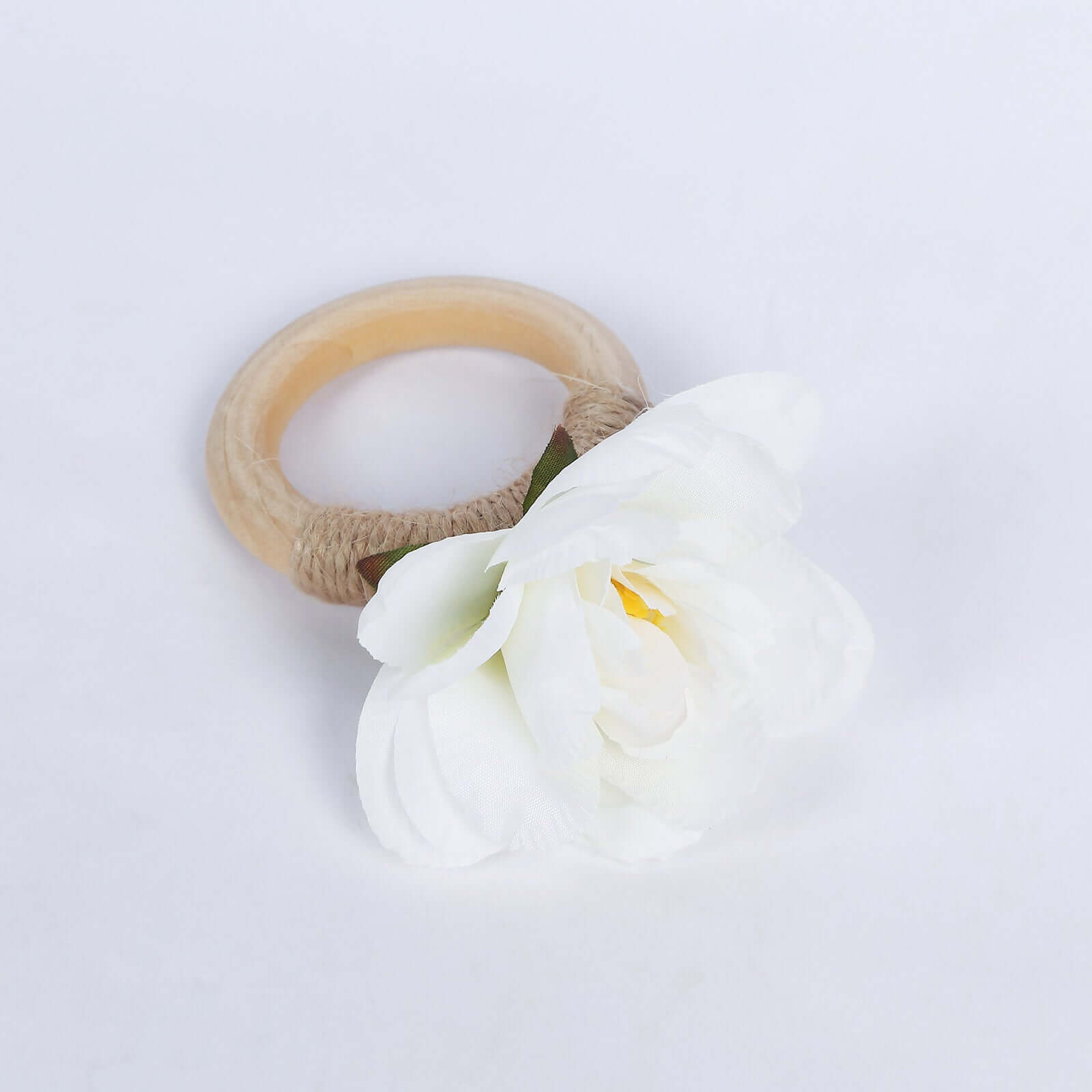 4 Pack White Silk Jasmine Flower Napkin Rings with Wooden Holder, Rustic Boho Serviette Buckles with Artificial Flowers