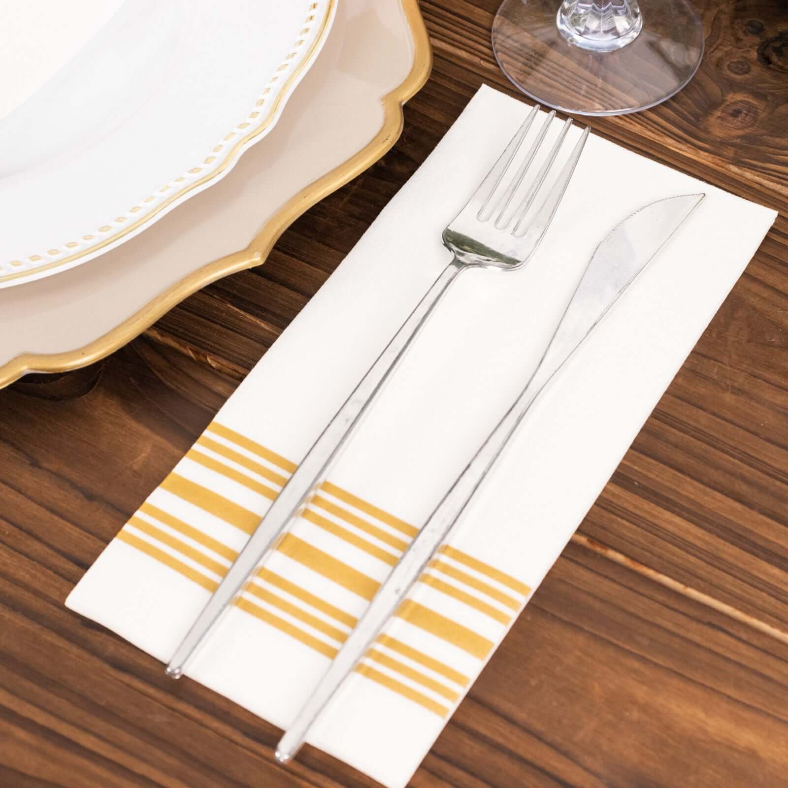20 Pack Linen-Like Paper 8"x4" Napkins White With Gold Lines - Soft Hygienic Airlaid Guest Towels