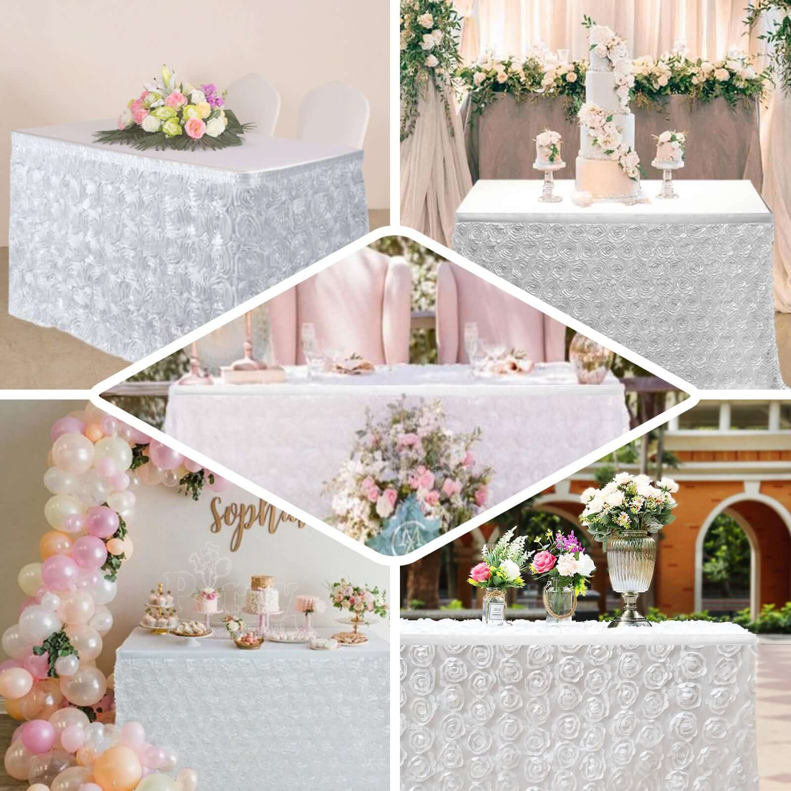 Rosette Satin 21ft Table Skirt White 3D Floral Design - Sophisticated Event & Wedding Table Cover