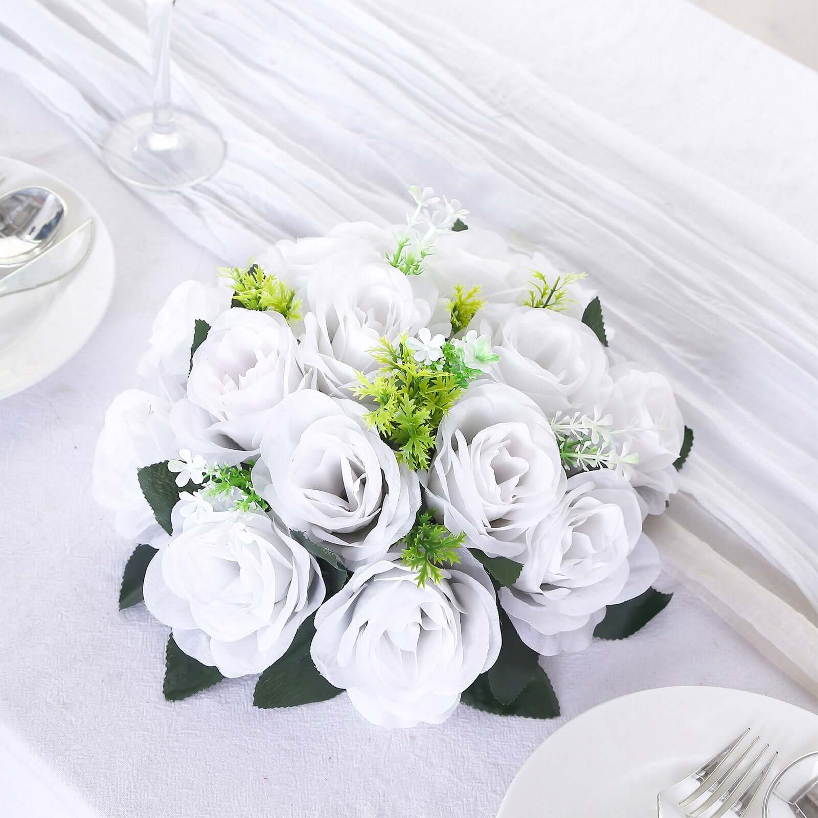 2 Pack White Silk 15-Head Rose Flower Balls For Centerpieces - 10", Artificial Kissing Ball Floral Arrangements