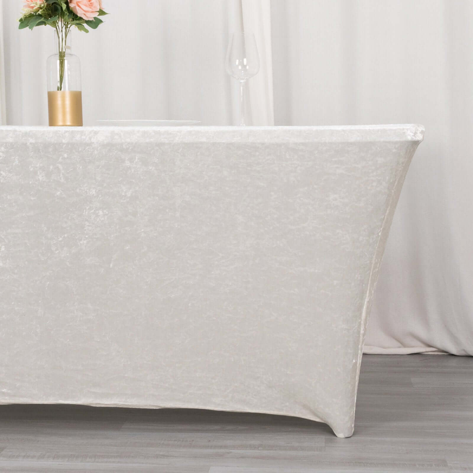 Crushed Velvet Fitted Rectangular 6ft Table Cover White - Wrinkle-Free Stretchy Tablecloth for Weddings and Banquets