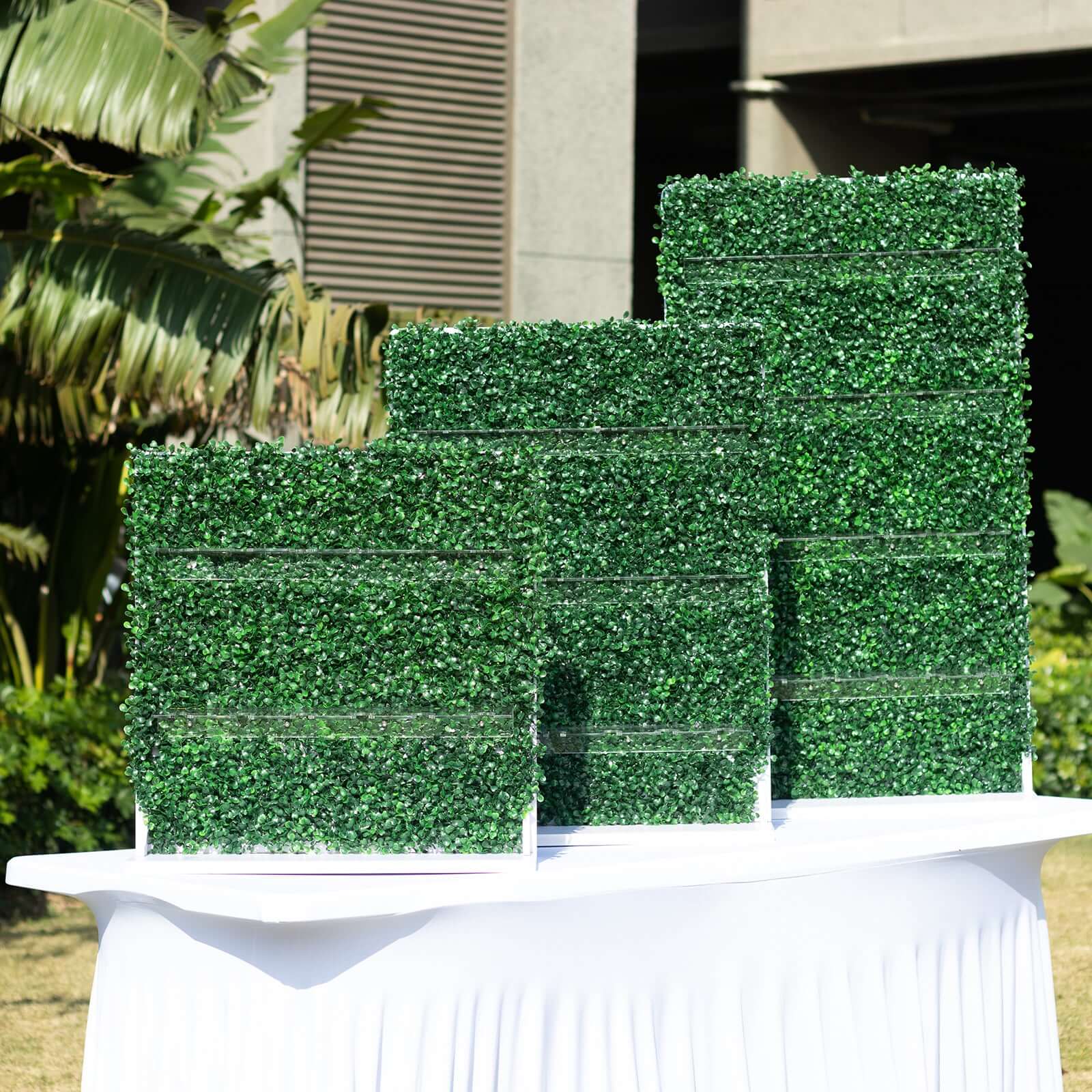 Set of 3 Champagne Wall Glass Holder Green - Tiered Faux Boxwood Stemware Rack Cocktail Display Drink Organizer for Classy Events & Banquets 24", 33", 42"