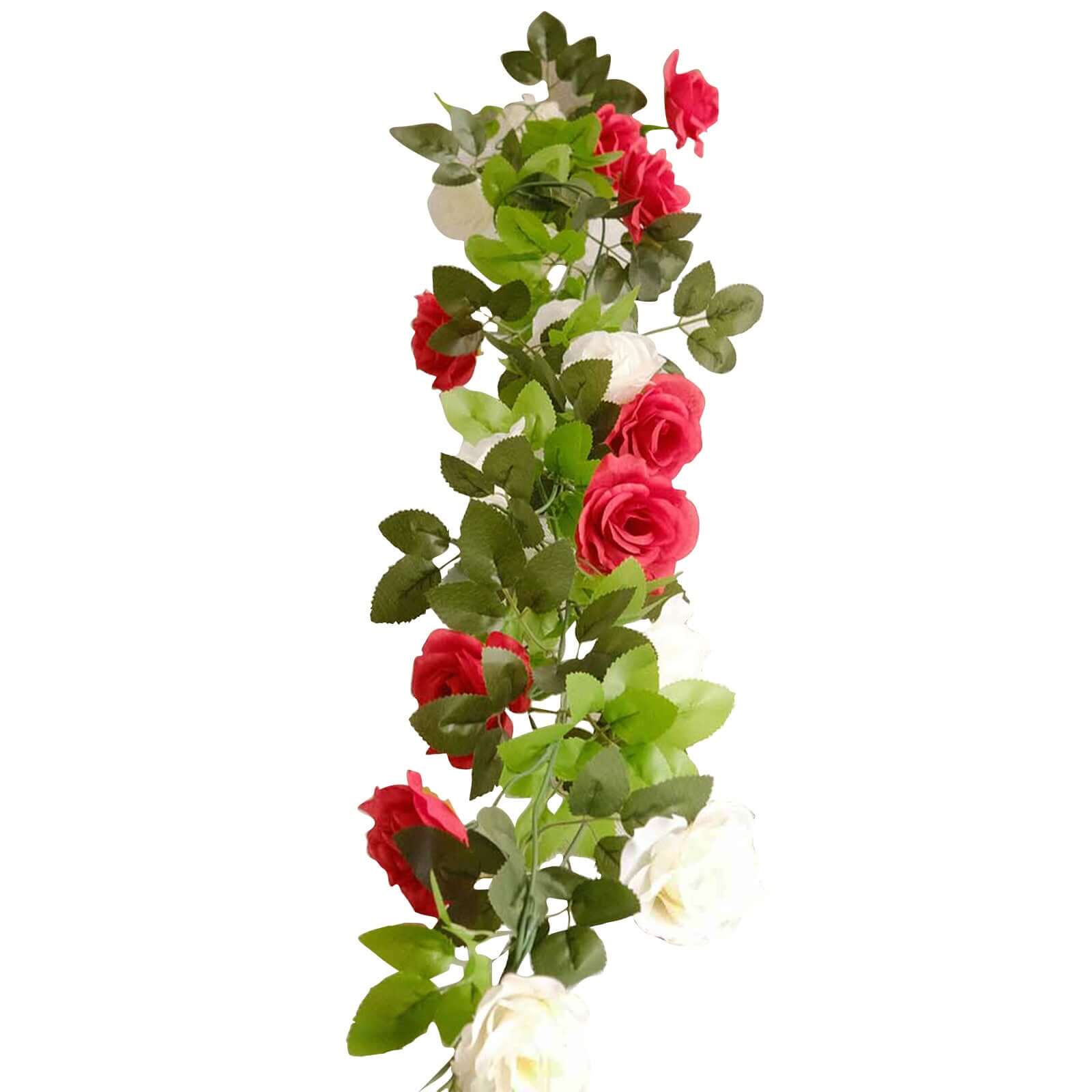 2 Pack 7ft Red Ivory Artificial Silk Flower Garland Mini Rose Vines with 26 Flower Heads