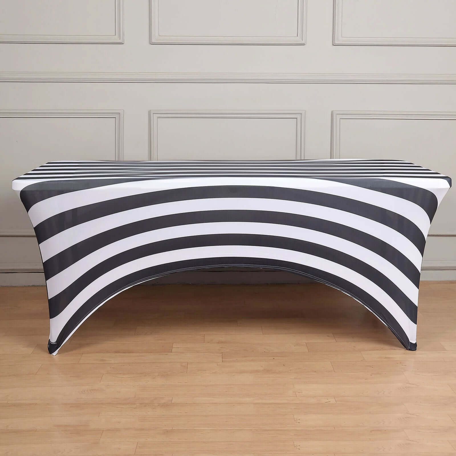 Stretch Spandex 8ft Rectangle Tablecloth Black/White Vertical Stripes - Durable Form-Fitting Tablecloth for Events & Presentations