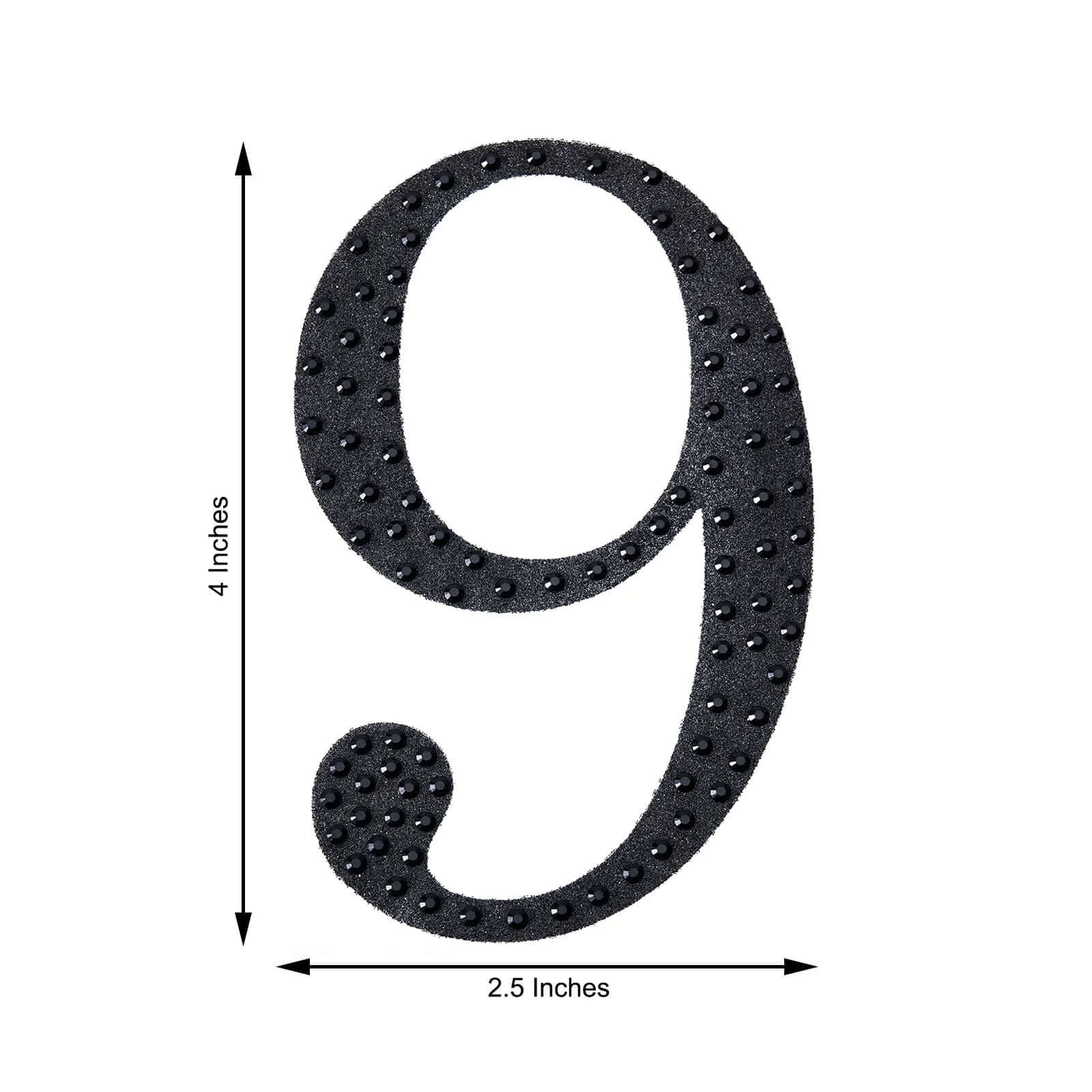 Decorative Rhinestone Number "9" Stickers, Glitter Adhesive Craft Numbers Black DIY Sparkle Embellishments 4"