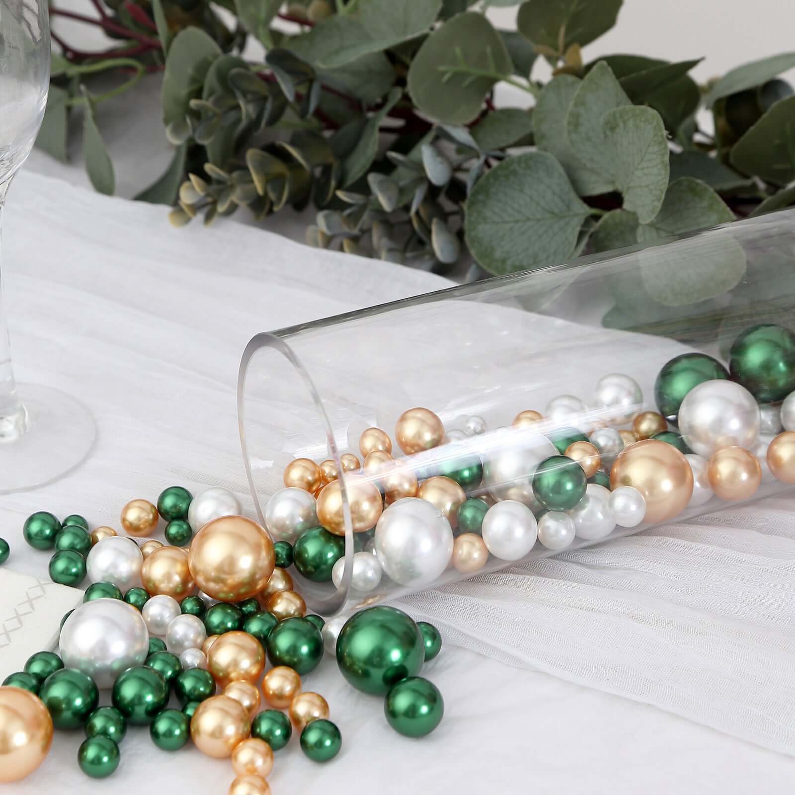 200Pcs Assorted Pearl Beads Vase Fillers in Green, Gold and White - Lustrous DIY Craft Bead Set