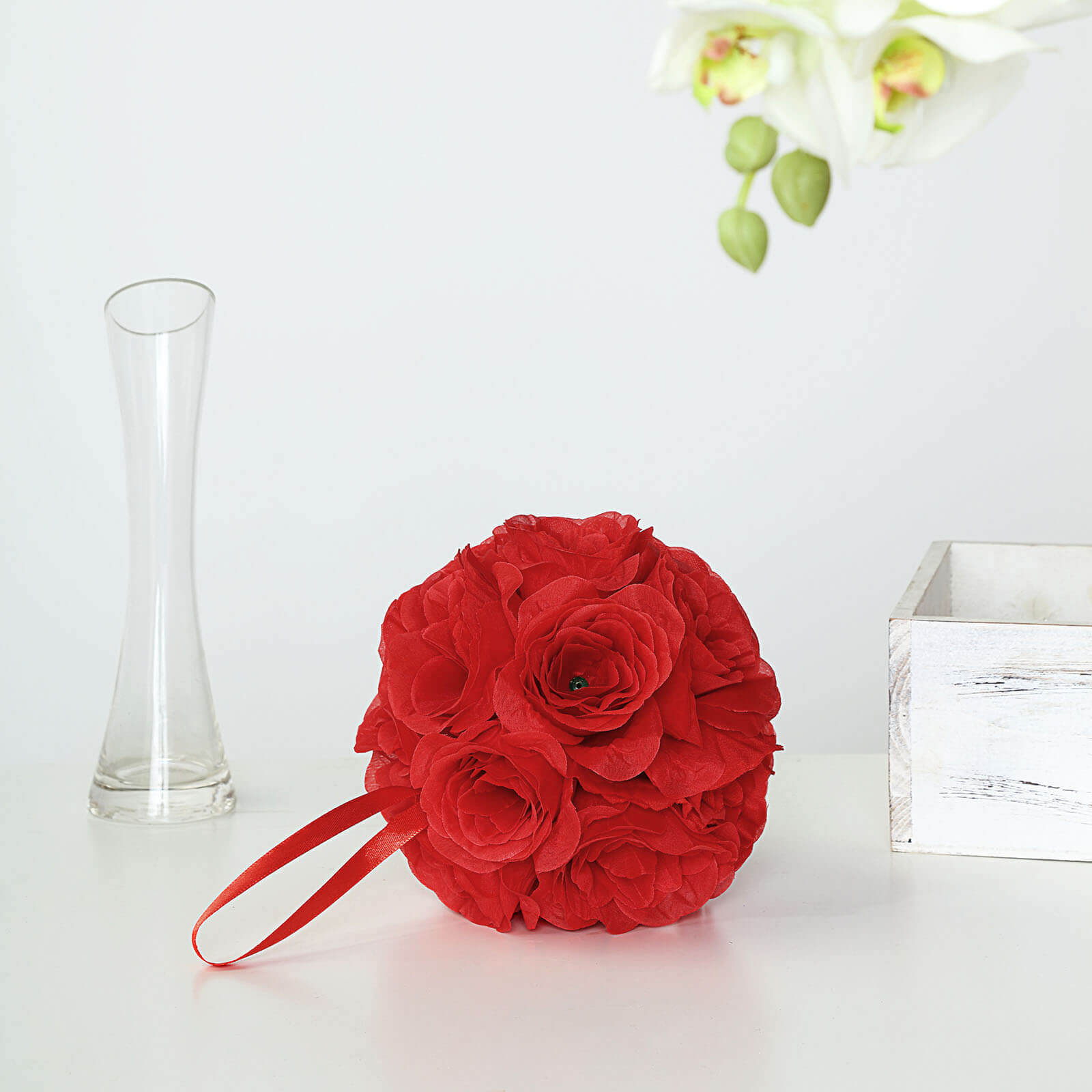 2 Pack 7" Red Artificial Silk Rose Kissing Ball, Faux Flower Ball