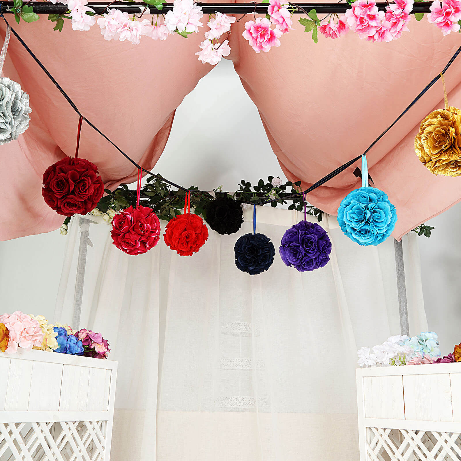 2 Pack 7" Black Artificial Silk Rose Kissing Ball, Faux Flower Ball