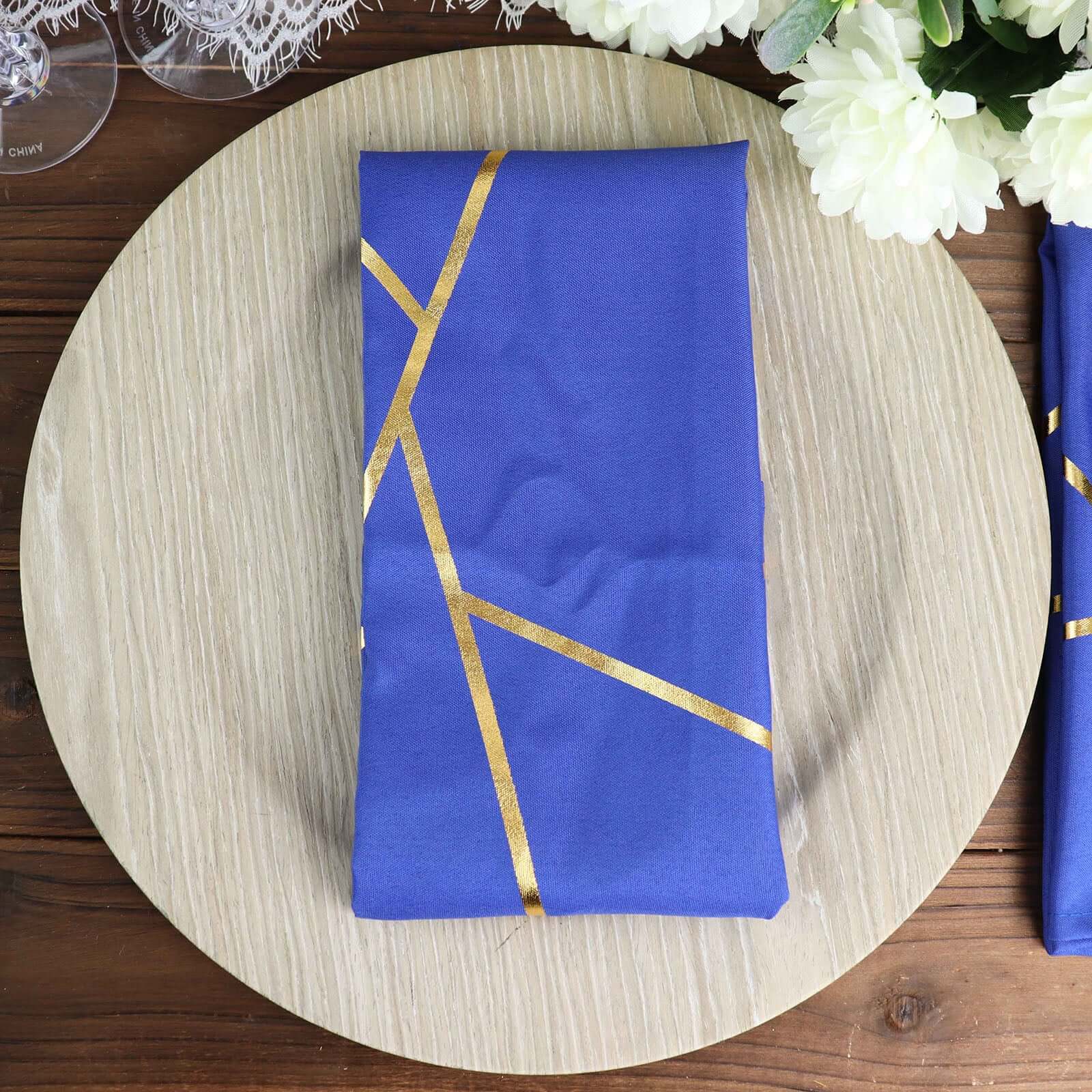 5 Pack Polyester 20"x20" Napkins Royal Blue with Gold Geometric Foil Pattern - Modern Reusable Dinner Napkins
