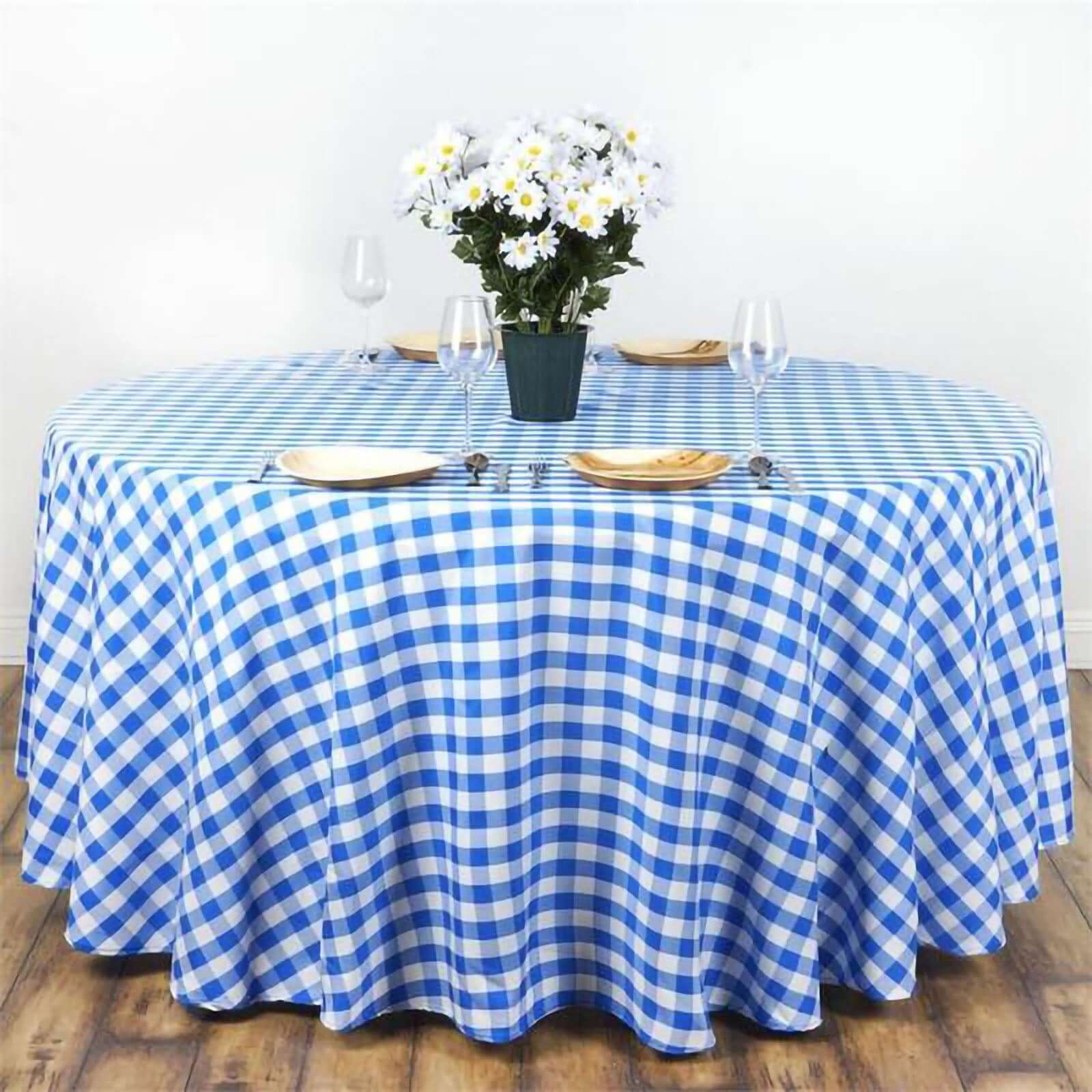 Polyester 120" Round Tablecloth White/Blue Seamless - Checkered Buffalo Plaid Table Cover