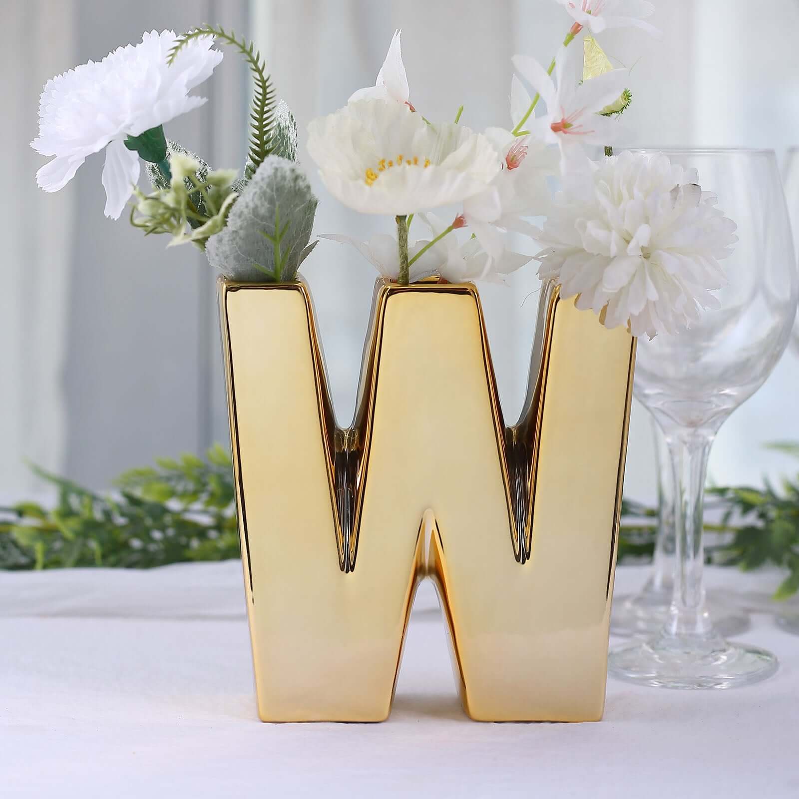 Shiny Ceramic Vase Letter "W" Gold Plated - Chic Bud Planter Pot for Events & Decor 6"