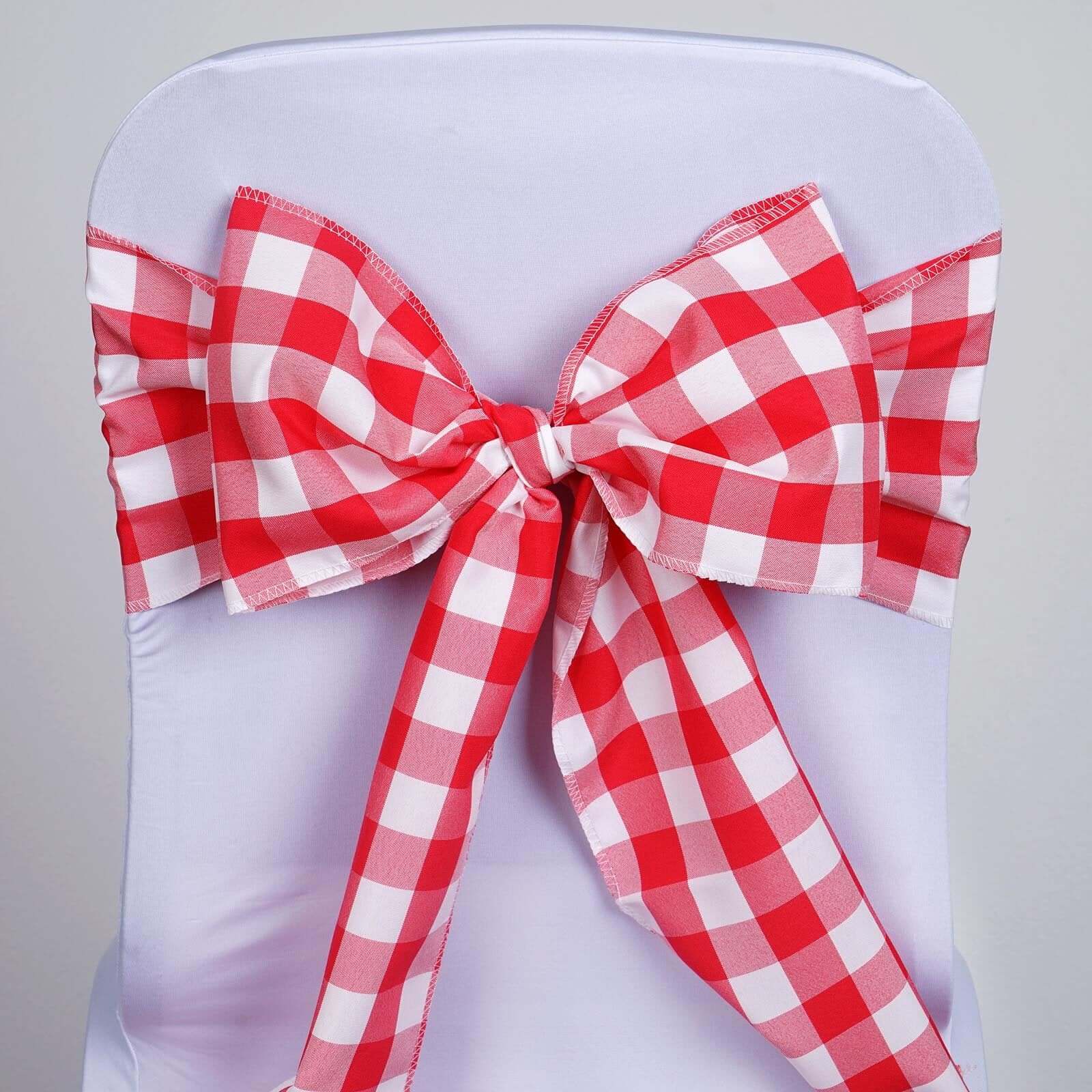 5 Pack Polyester Chair Sashes Red/White Buffalo Plaid - Durable & Reusable Chair Bows 6"x108"