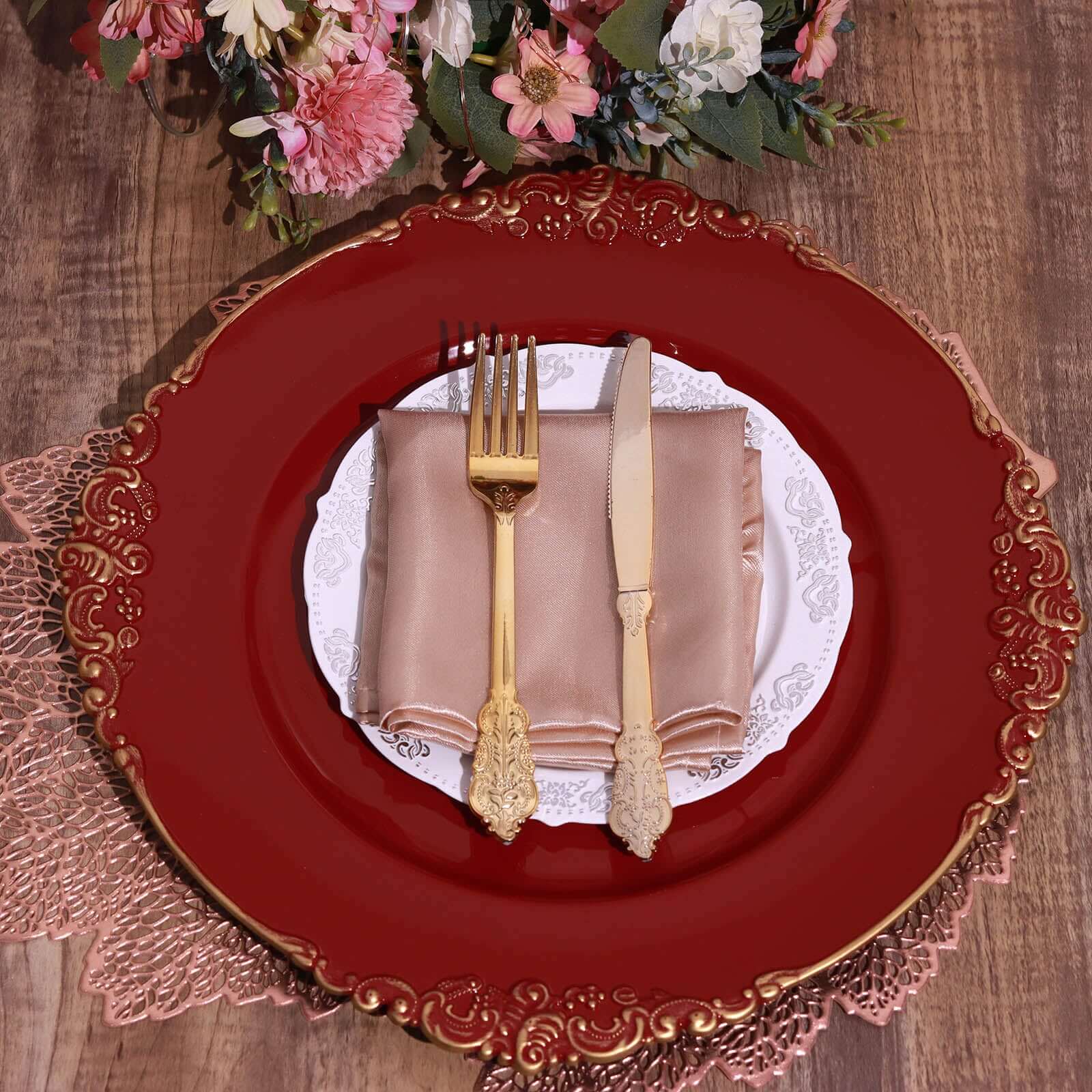 6-Pack Acrylic Round Charger Plates 13" in Burgundy with Gold Embossed Baroque Rim, Antique Decorative Dinner Party Charger Tableware