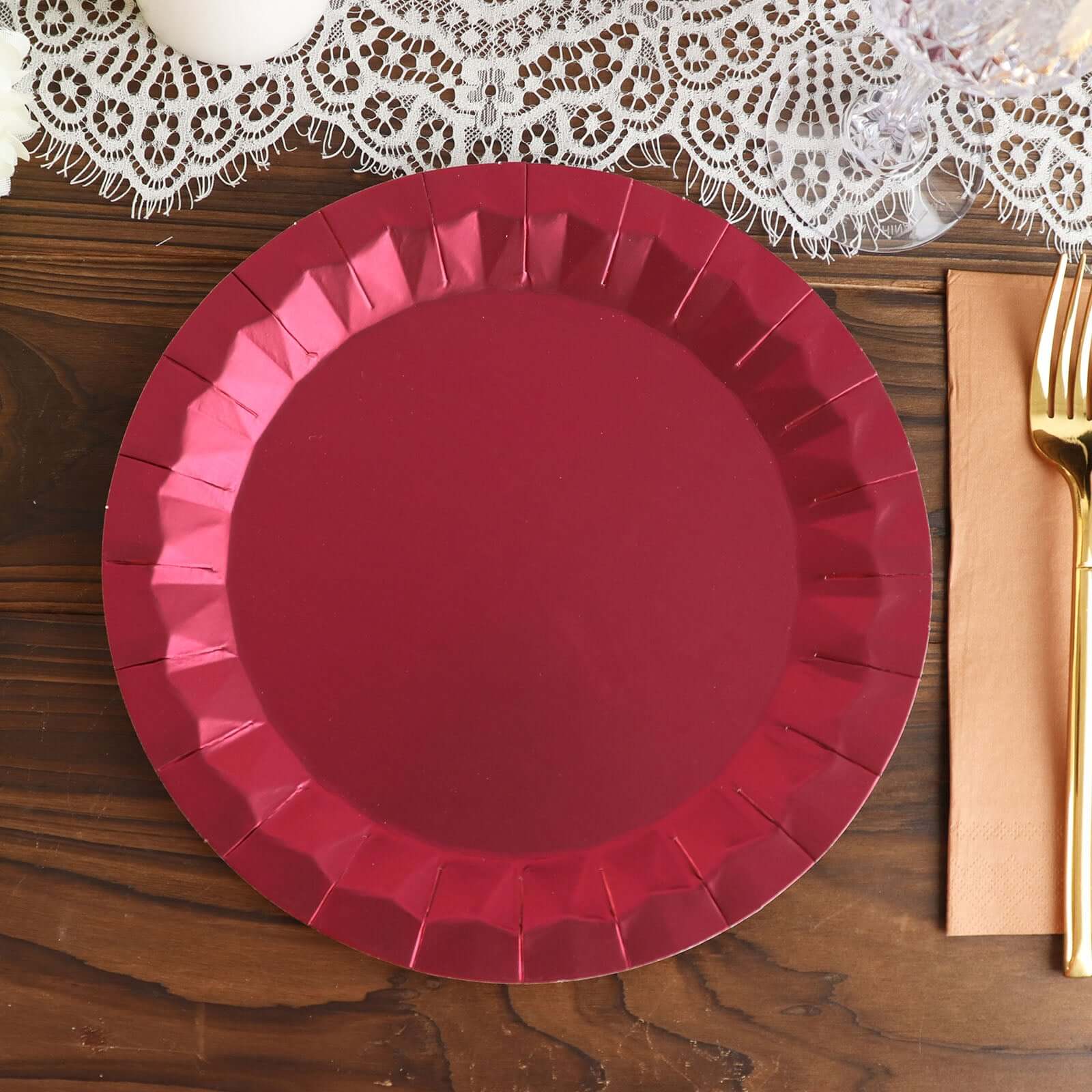 25-Pack Paper 9" Round Dinner Plates in Burgundy with Geometric Prism Rim - Disposable 400GSM Party Plates