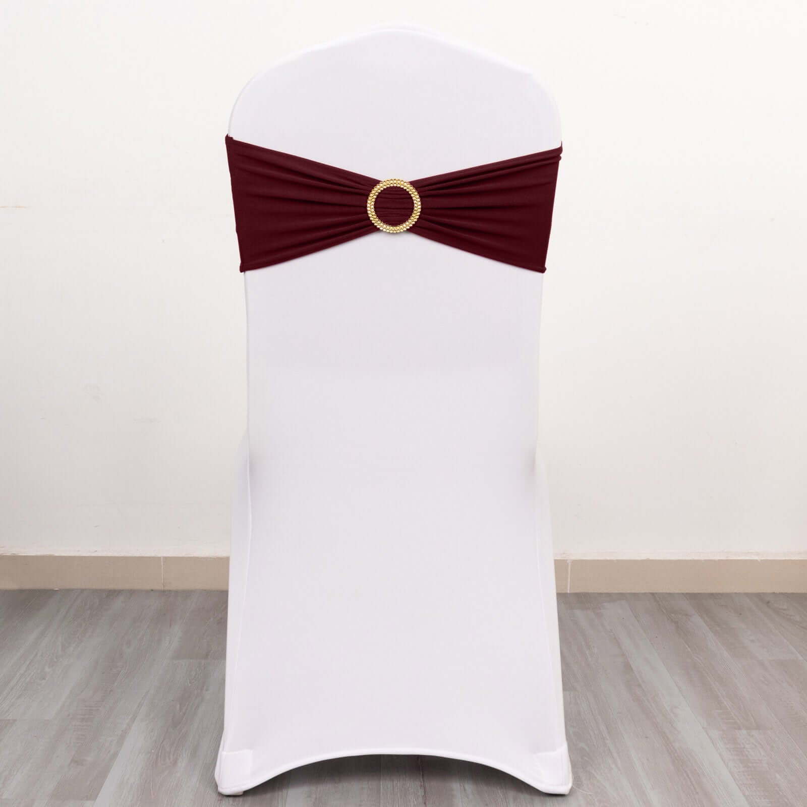 5 Pack Spandex Chair Sashes Burgundy with Gold Rhinestone Buckles - Reusable Four-Way Stretch Sash Bands 5"x14"