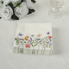50-Pack Paper Cocktail Napkins with Wildflower Butterfly Design - Disposable 2 Ply Beverage Napkins for Parties 6.5"x6.5"
